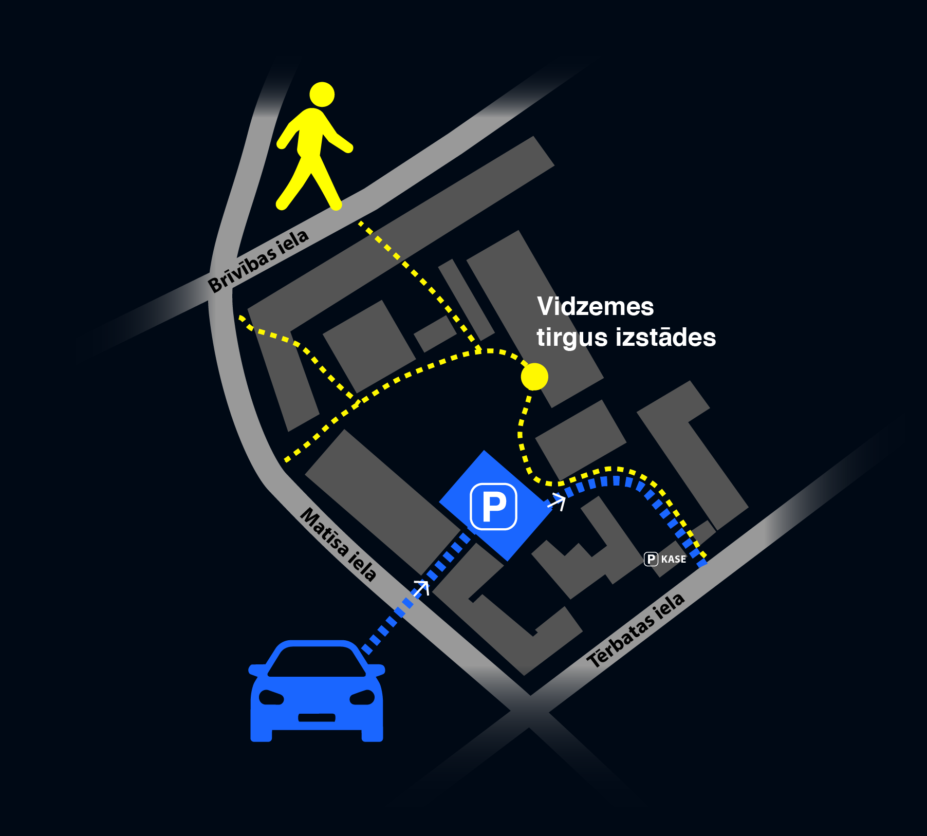 A map showing pedestrian pathway from Brīvības iela to Vīdzes tirgus izstades, with a parking garage marked 'P' and a blue service vehicle on the street.