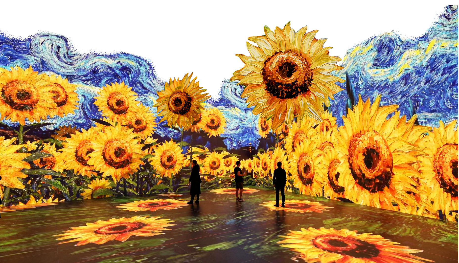 Digital art installation featuring a large projection of Vincent van Gogh's sunflower painting with three people observing it in a dark room.