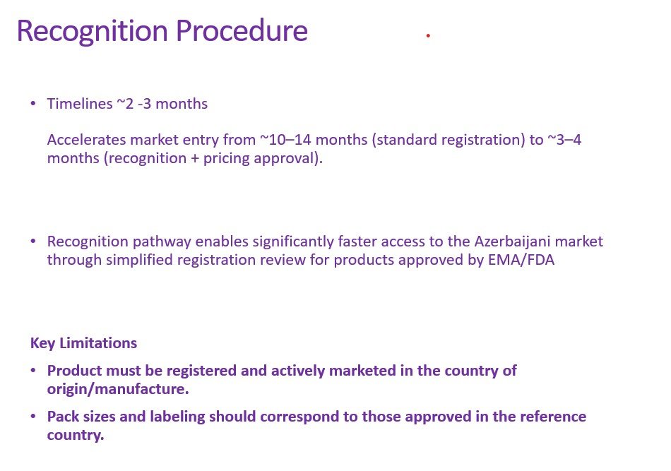Slide titled 'Recognition Procedure' with purple text discussing timelines of 2 to 3 months for recognition, approval process, and key limitations about product registration and labeling requirements.