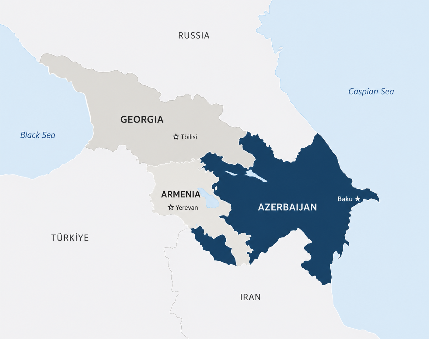 Map of Georgia, Armenia, and Azerbaijan with neighboring countries, showing the capital cities Tbilisi, Yerevan, and Baku.
