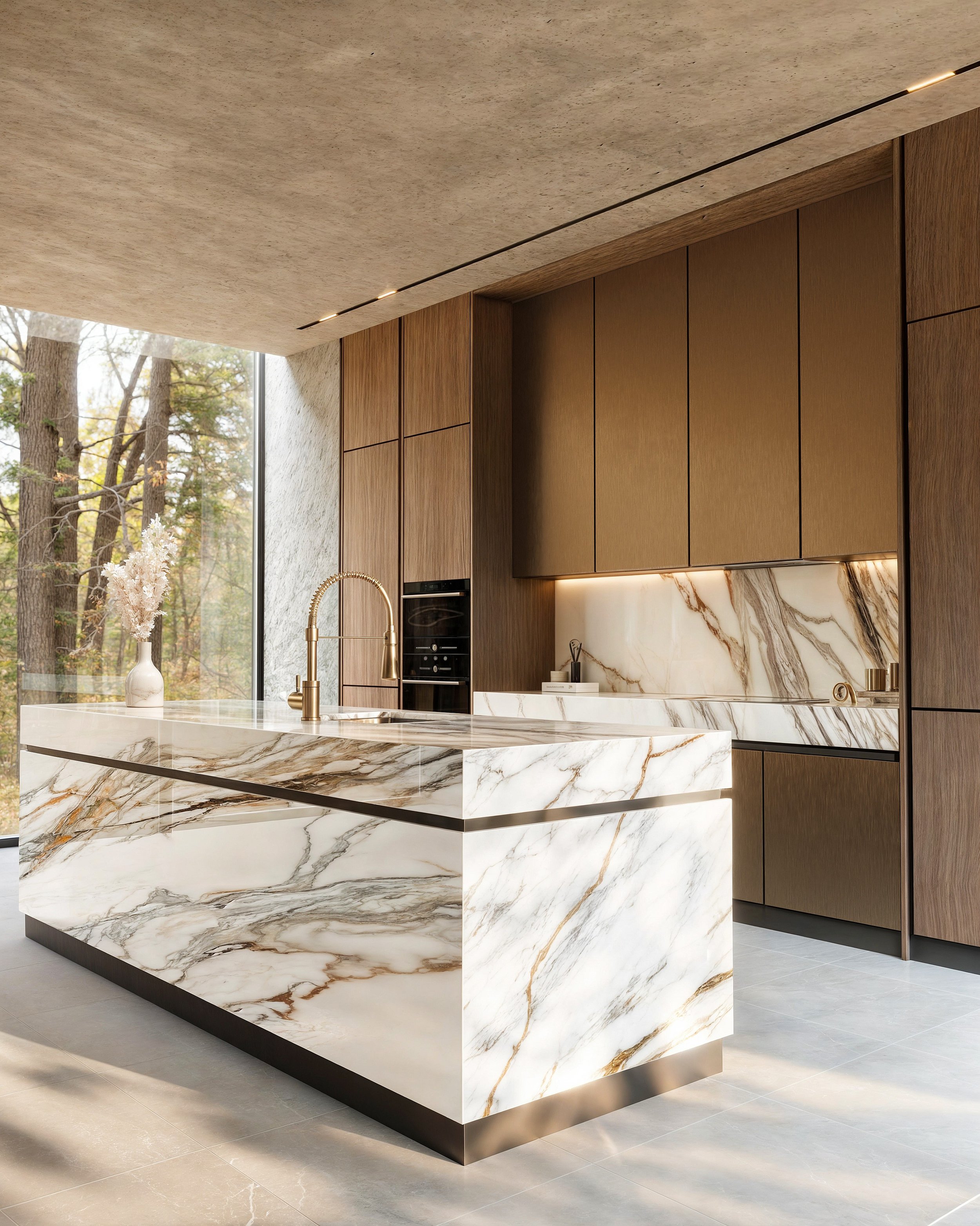 Cozinha moderna com ilha de mármore branco com veios dourados, armários de madeira escura, pia dourada e uma grande janela com vista para árvores.