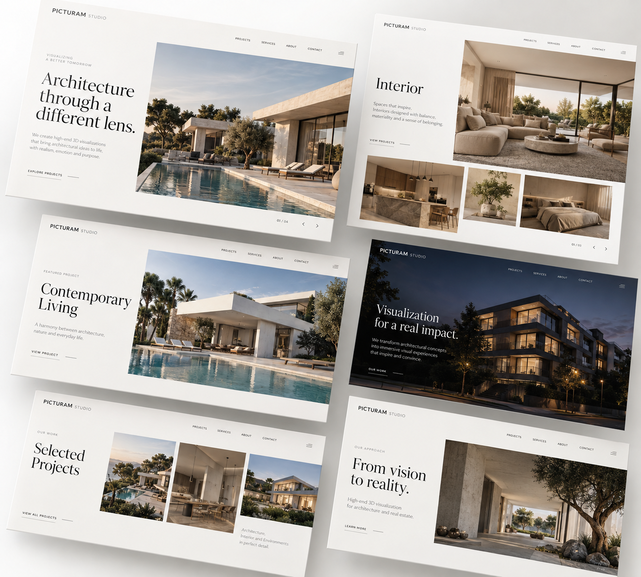 Compilação de cinco capturas de tela de um site de arquitetura chamado Picturam Studio, exibindo fotos de projetos residenciais modernos, incluindo exterior, interior e áreas comuns, com descrições de conceitos de design e visualizações de impacto