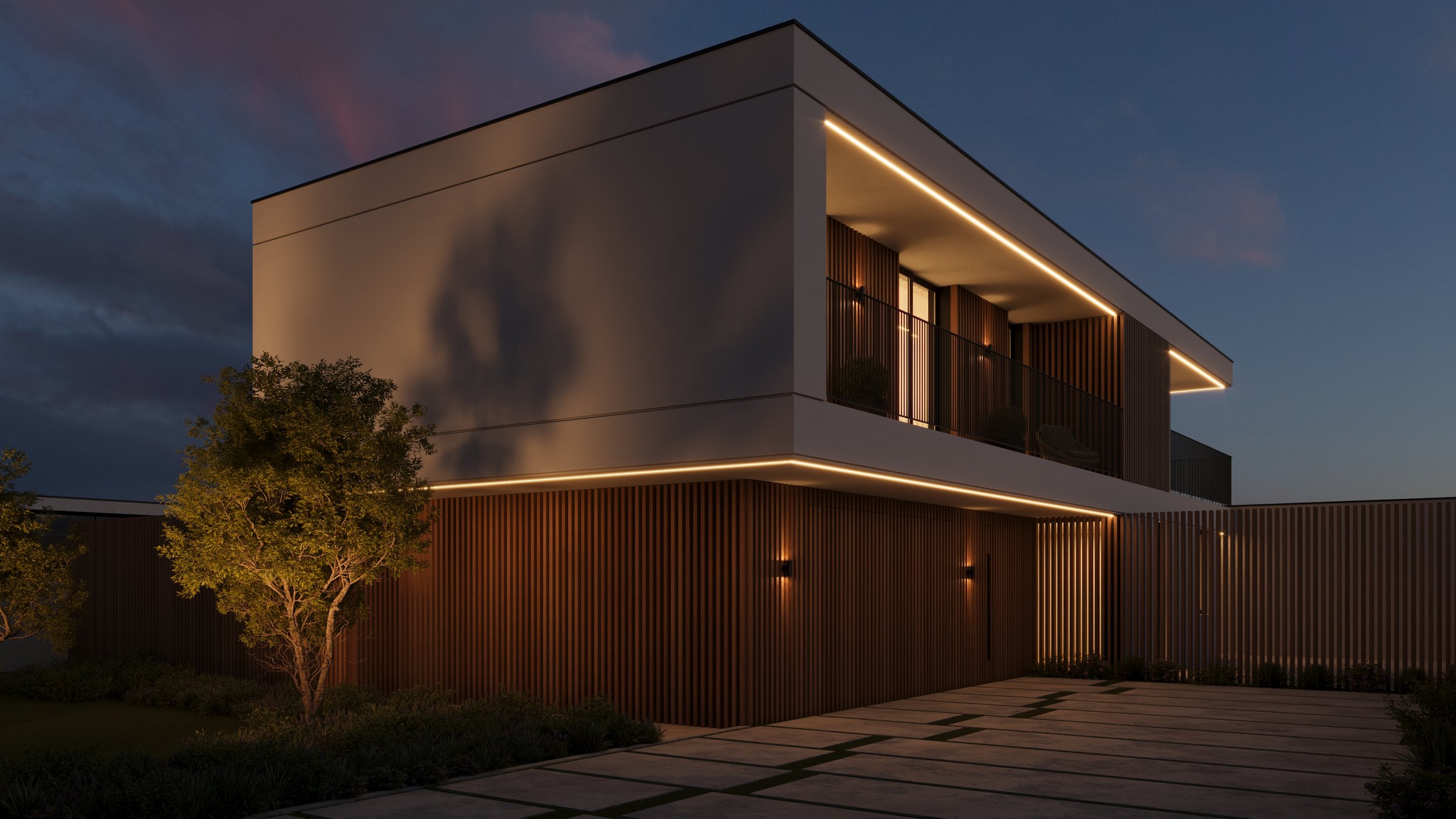 Casa moderna com iluminação de LED ao entardecer, fachada de painéis de madeira e parede branca.
