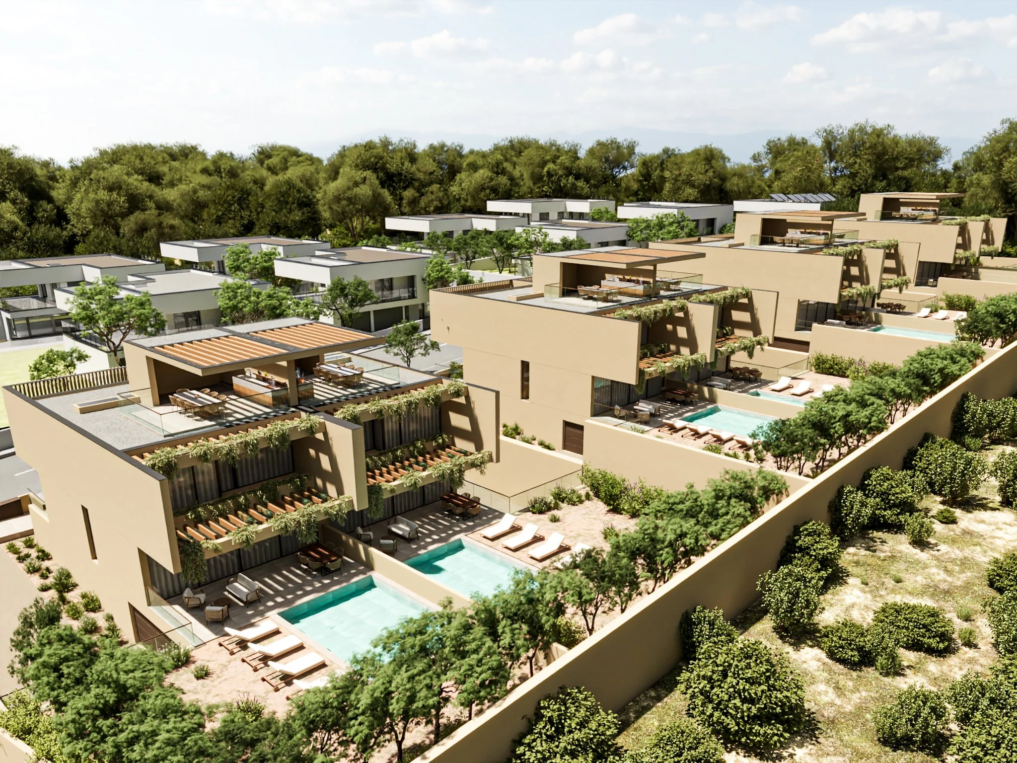 Conjunto de casas residenciais modernas com piscinas e áreas de lazer, cercadas por árvores e vegetação, em um ambiente suburbano.