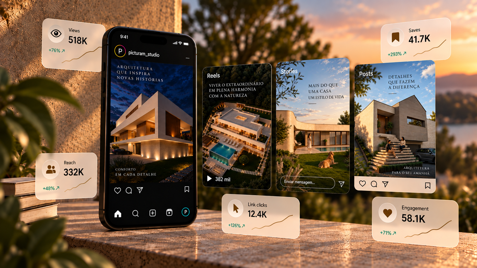 Imagem de uma tela de celular exibindo várias publicações de arquitetura e design de interiores, com gráficos de desempenho e estatísticas de engajamento, tudo sobre um fundo de pôr do sol ao ar livre.