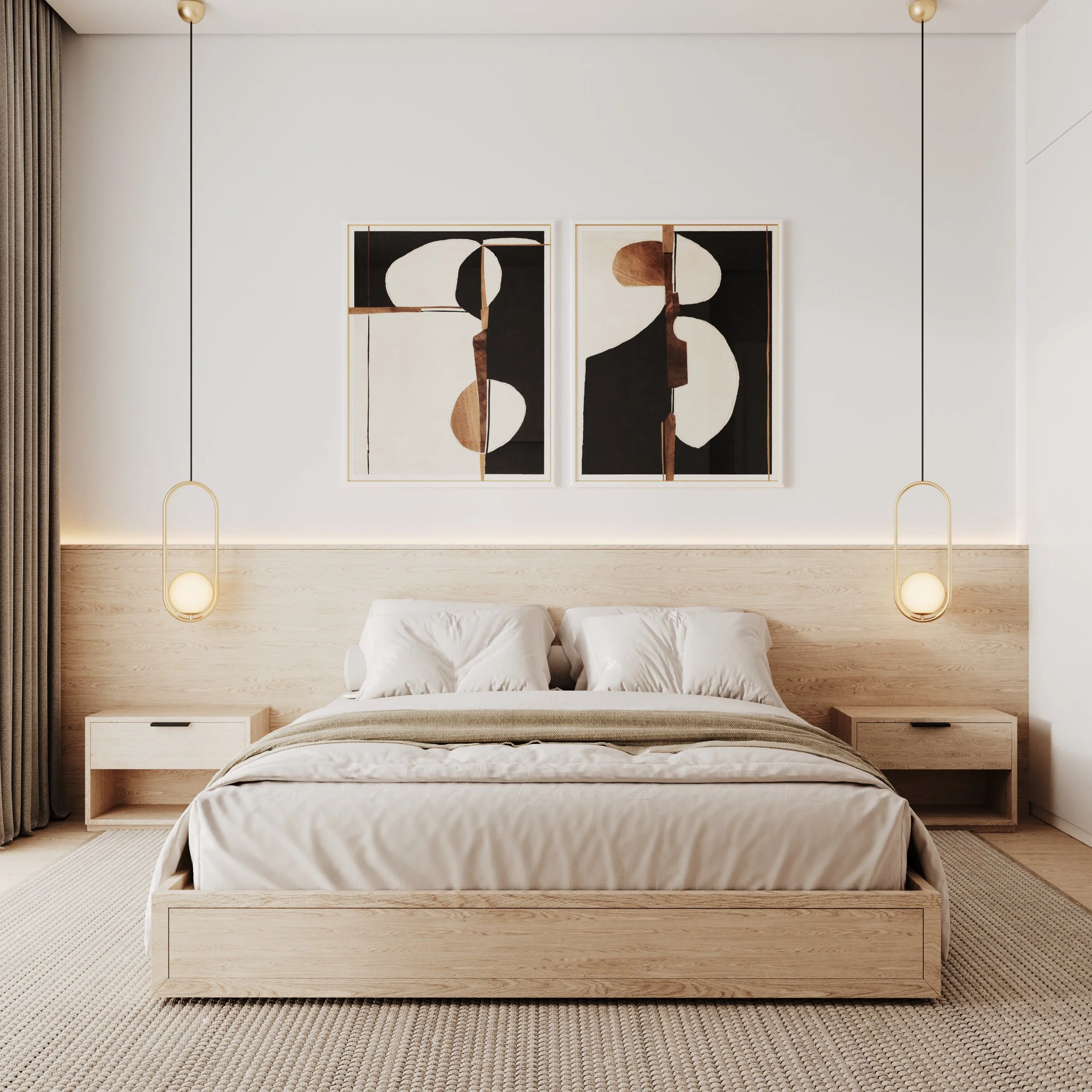 Quarto com cama de madeira clara, duas mesas de cabeceira, luminárias penduradas, e duas obras de arte abstratas com formas geométricas preta, branca e bege na parede