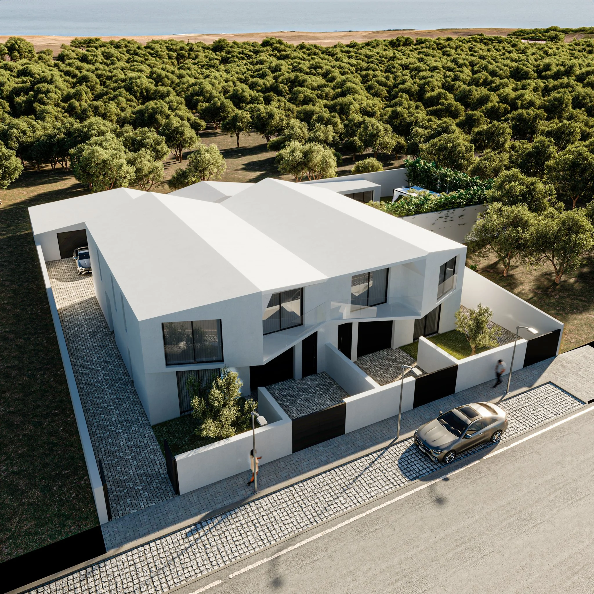 Imagem aérea de uma casa moderna com arquitetura contemporânea, paredes brancas, janelas amplas e um muro branco ao redor do jardim, localizado na rua com veículos estacionados e árvores na vizinhança.