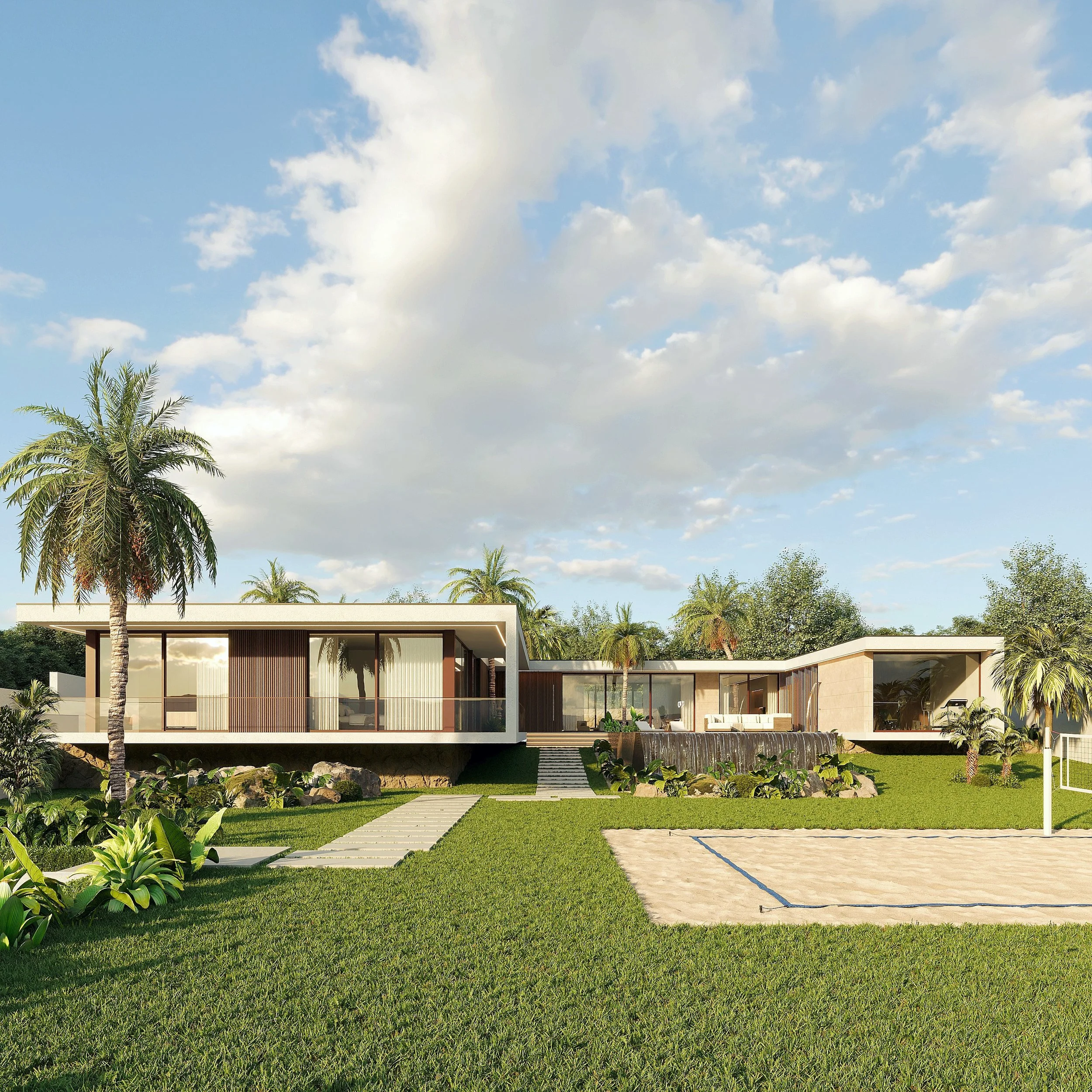 Casa moderna com áreas externas, gramado, palmeiras e quadra de vôlei de areia ao ar livre.