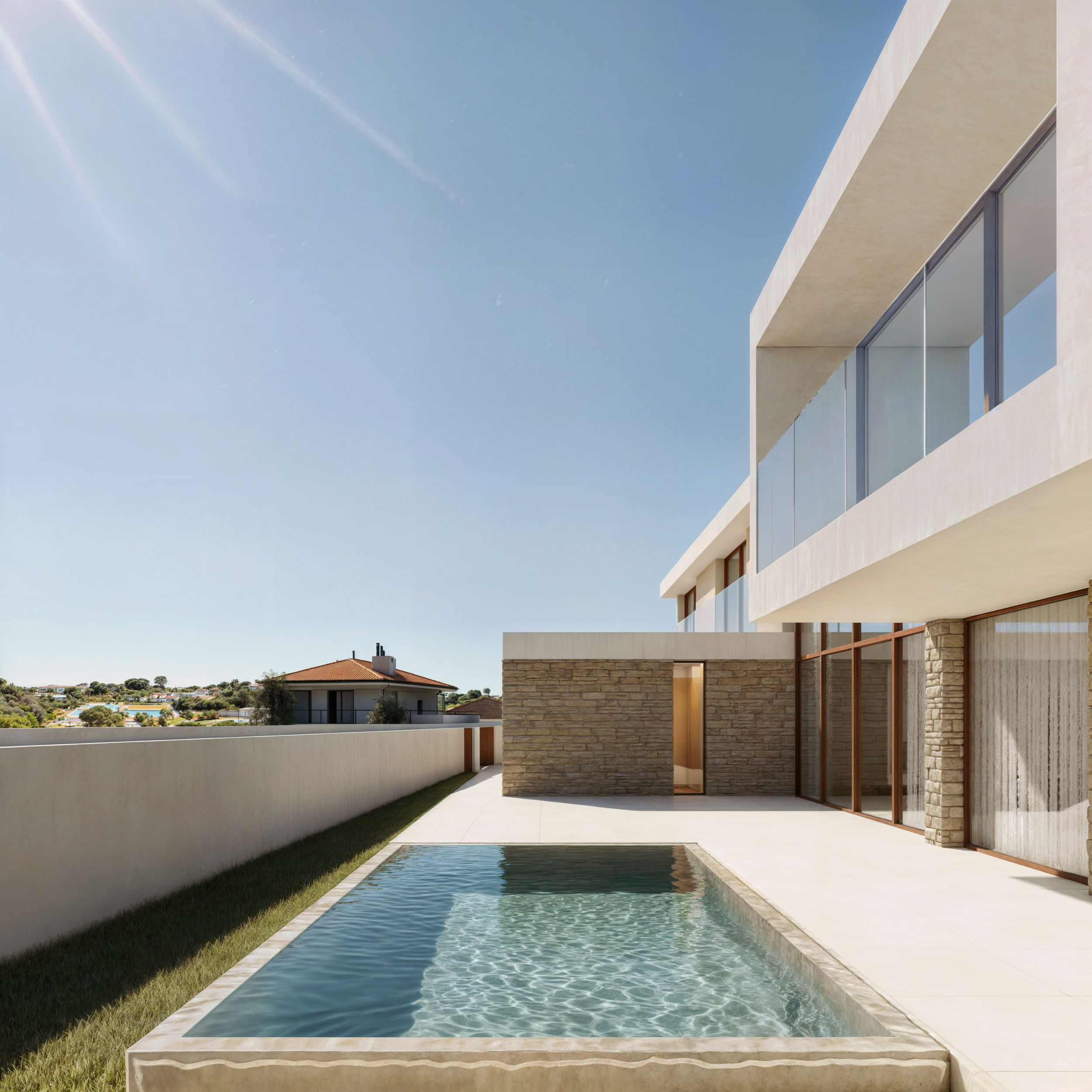 Perspectiva de uma moderna casa com piscina na varanda, paredes de pedra, janelas de vidro e céu claro ao fundo.