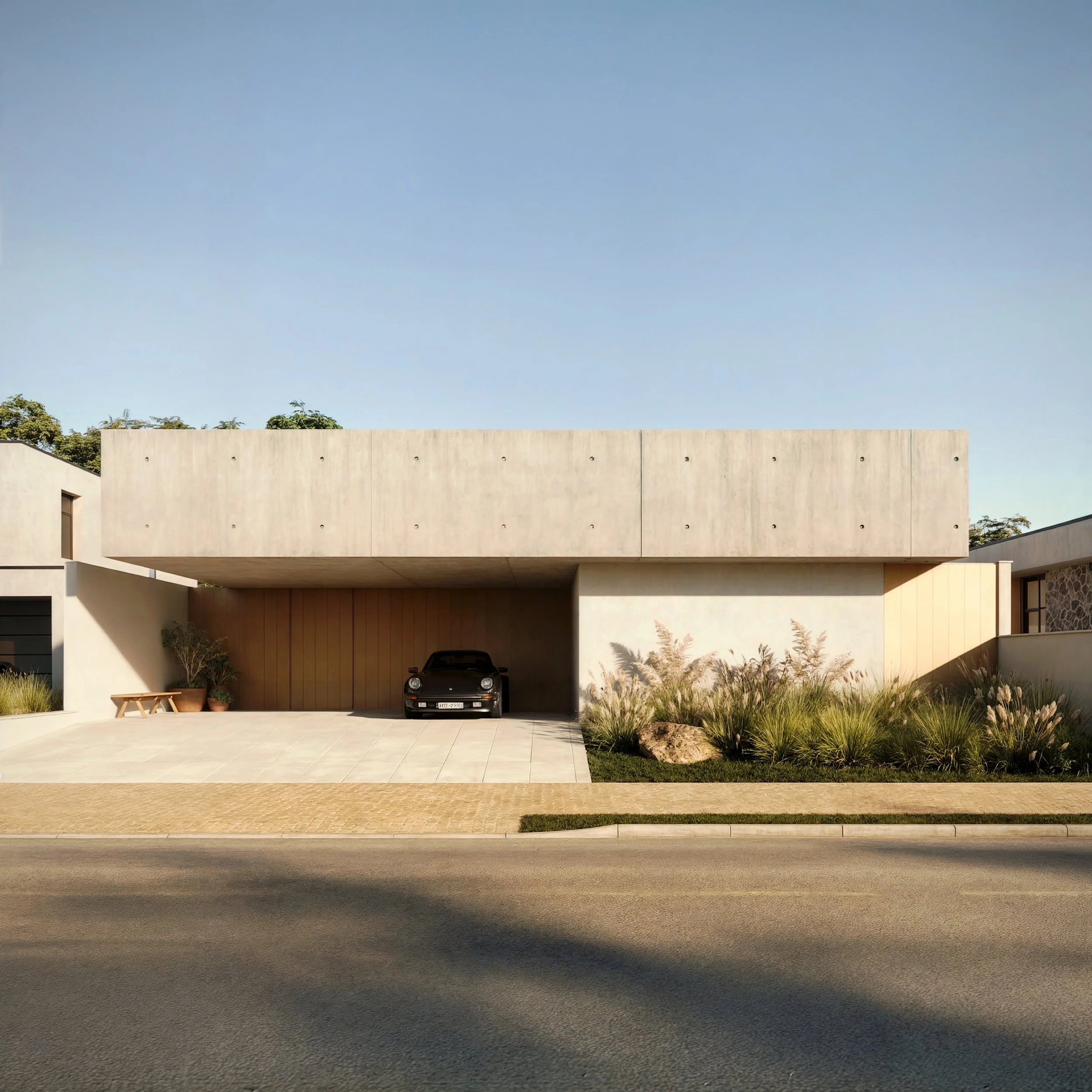 Casa moderna com garagem para um carro preto, jardim com plantas e rochas, sob céu claro.