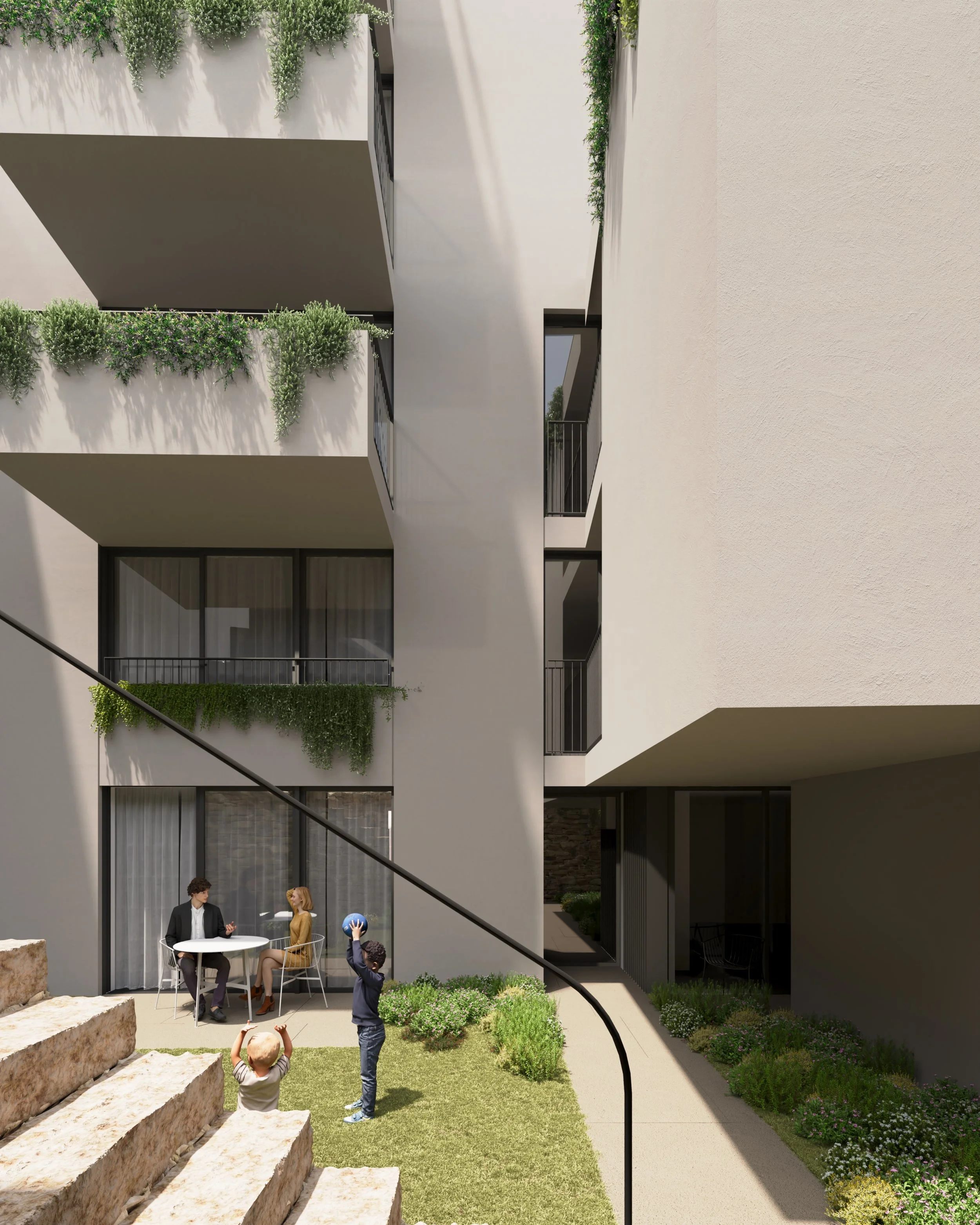 Crianças jogando bola em área de convivência no pátio de um edifício residencial moderno com apartamentos de varanda e jardins