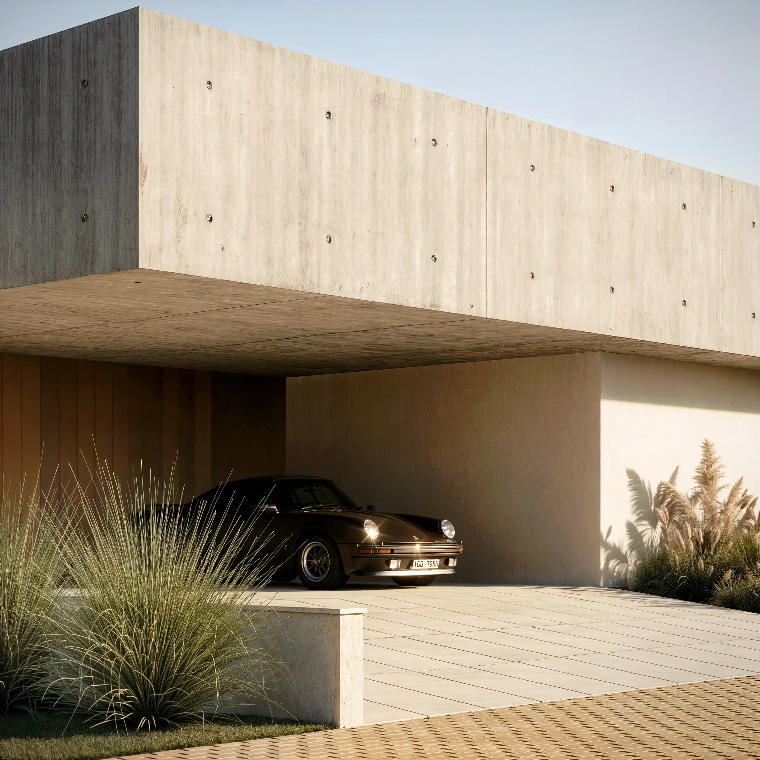 Casa moderna com varanda de vidro e teto de concreto, com carro preto estacionado na garagem e plantas ao redor.