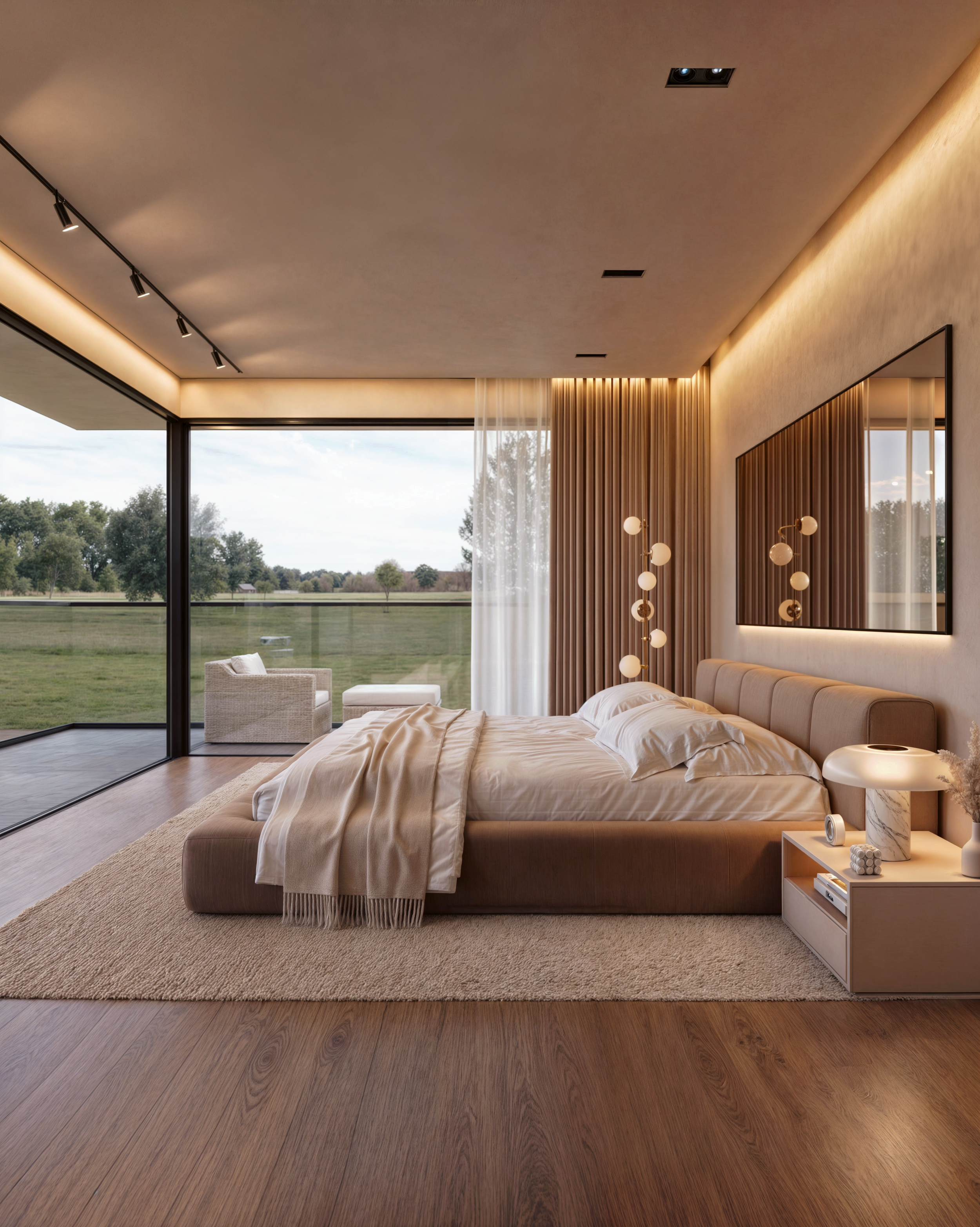 Quarto moderno com cama de casal, mesinha de cabeceira com luminária e decoração minimalista, vista para área externa com grama e árvores, cortinas brancas e iluminação suave.