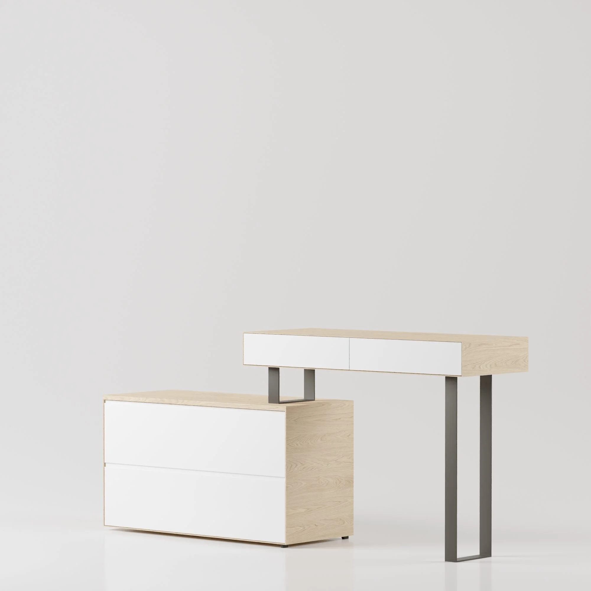 Móveis de design minimalista, incluindo uma cômoda de madeira com frente branca e uma bancada alta de madeira com pernas metálicas.