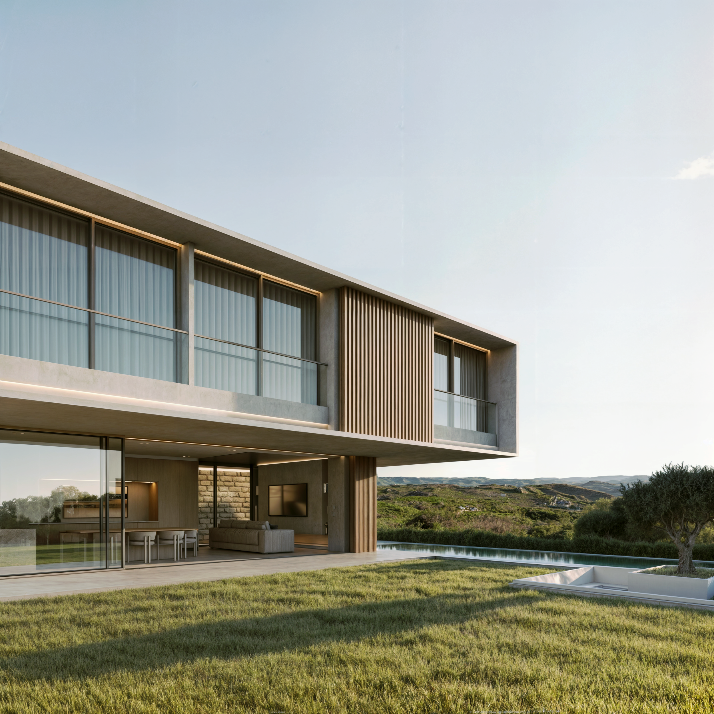 Residência moderna de dois andares com varanda de vidro e detalhes de madeira, paredes de concreto, ao redor de jardim com grama verde, árvore e paisagem de campo ao fundo.