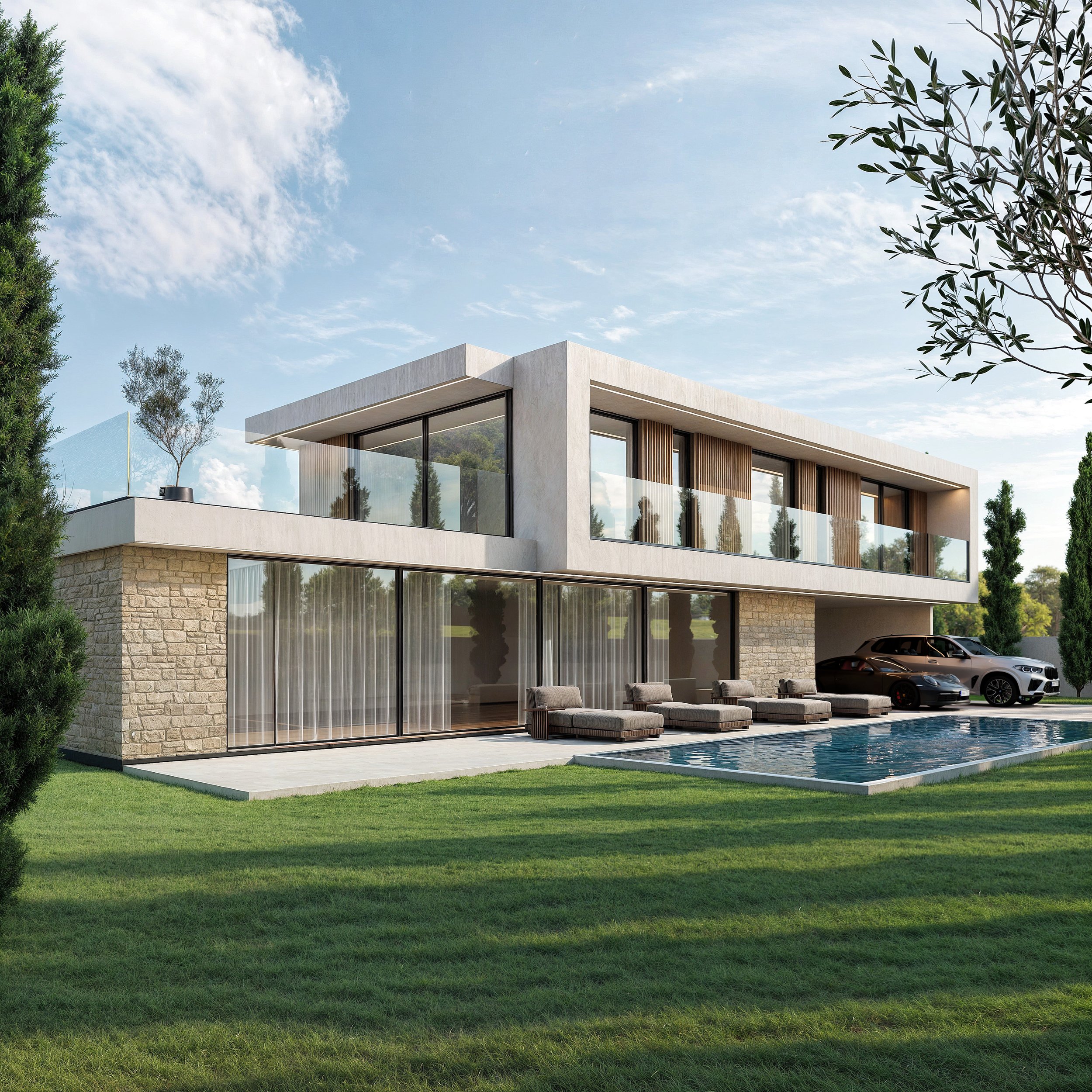 Casa moderna com jardim, piscina e carros na garagem.