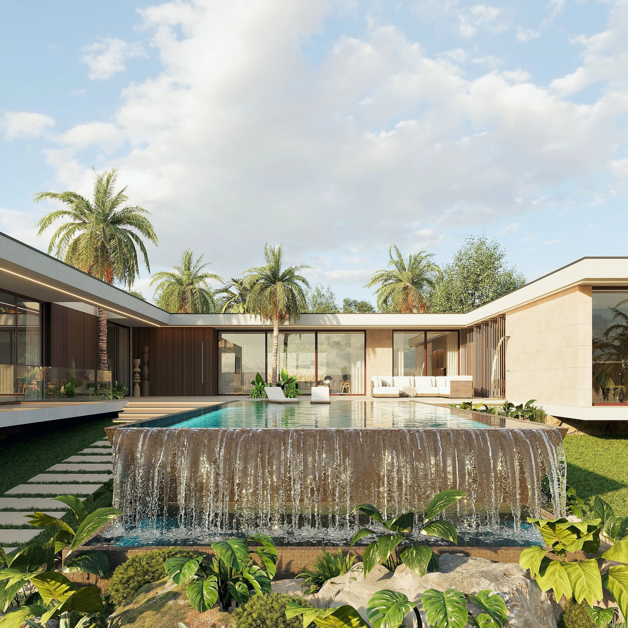 Casa moderna com piscina e cascata, cercada por plantas e coqueiros, céu com algumas nuvens.