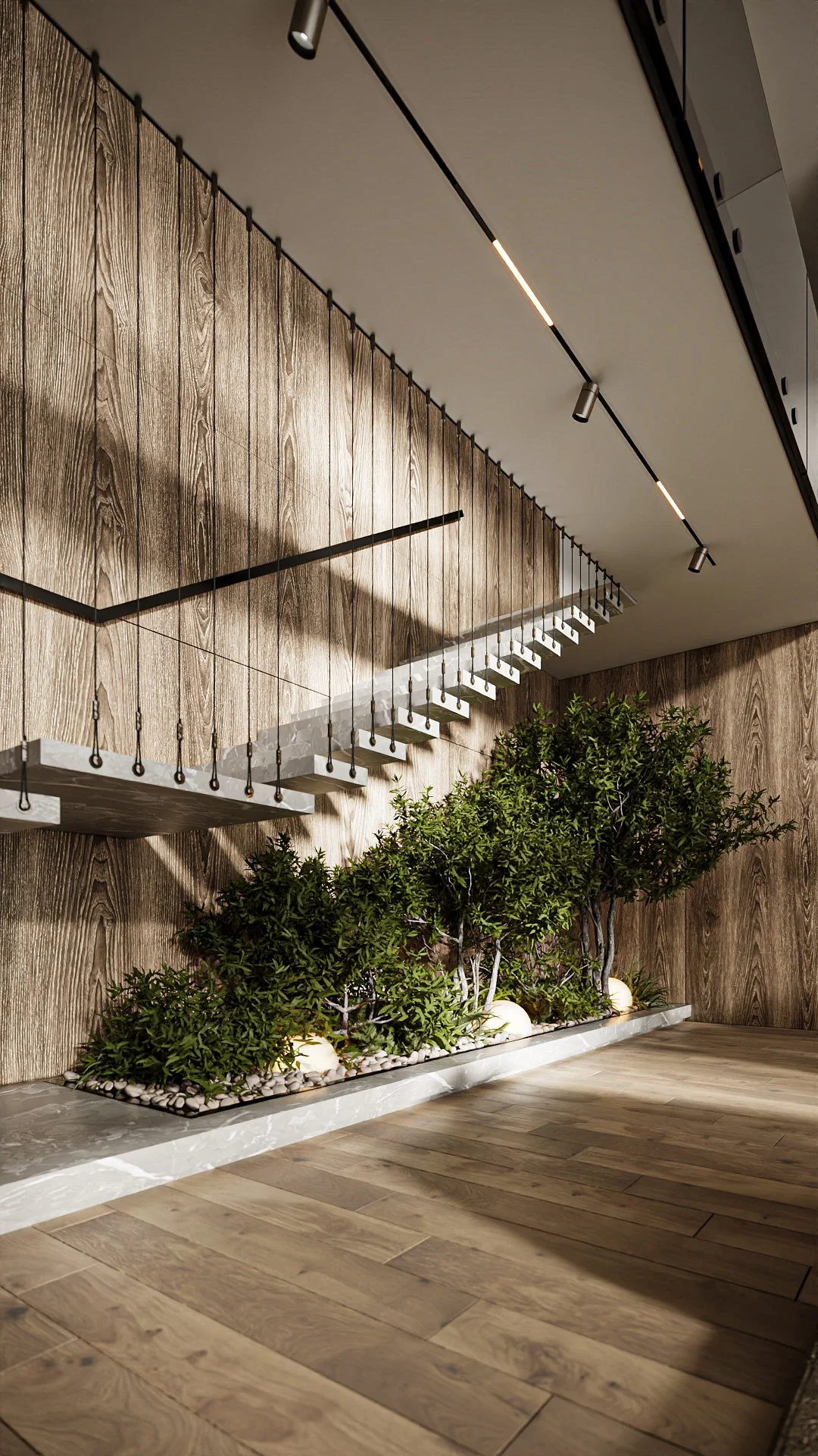 Interior moderno com parede de madeira, plantas verdes em um vaso de pedra, iluminação embutida e teto com lâmpadas.