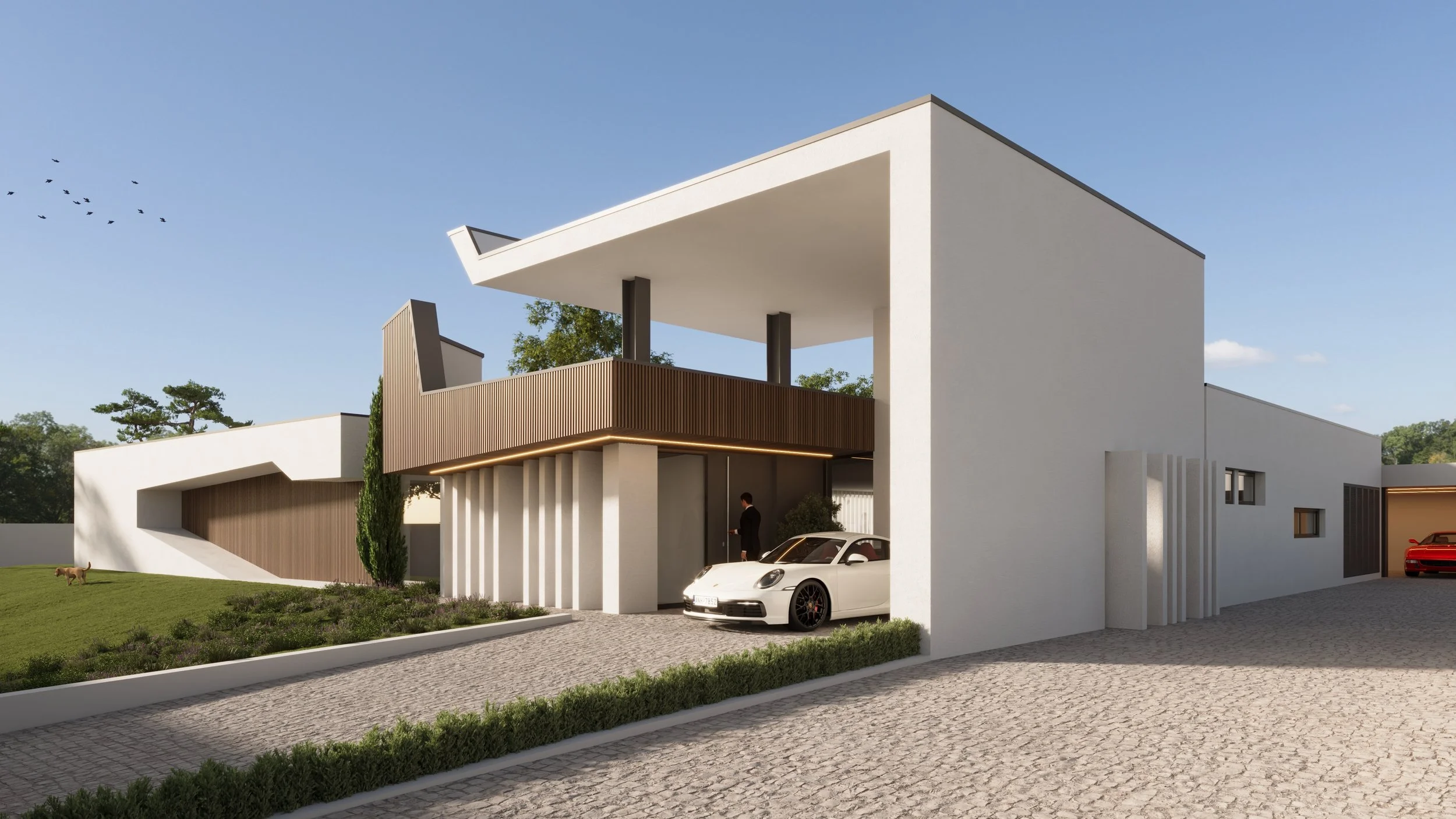 Imagem de uma casa moderna com fachada branca, janelas pequenas, espaço de garagem com carros esportivos, jardim bem cuidado, e céu claro ao fundo.