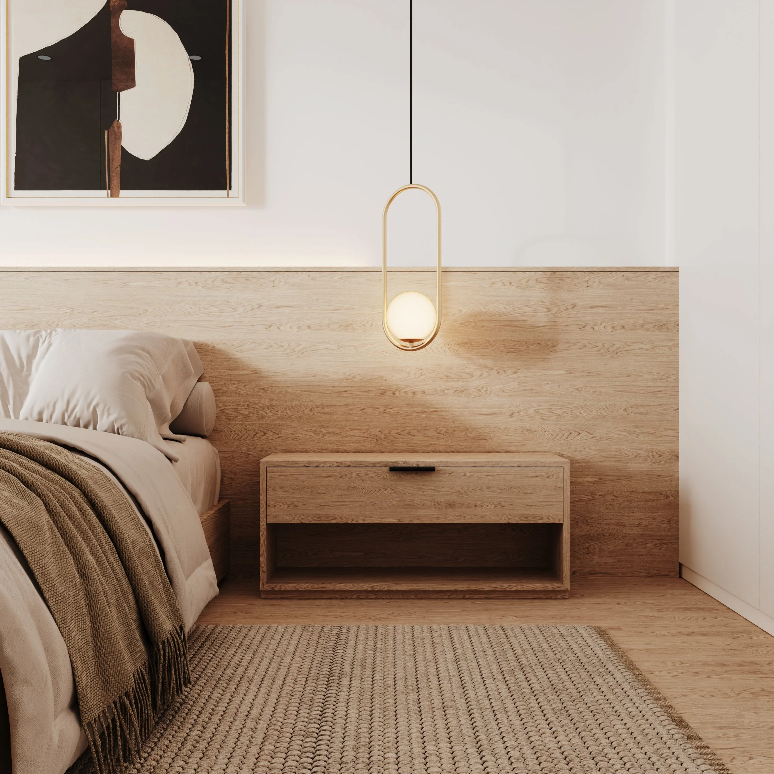 Quarto com parede de madeira, cama com roupas de cama bege, uma mesa de cabeceira de madeira e uma luminária pendente moderna de cor dourada com uma bola de luz branca.