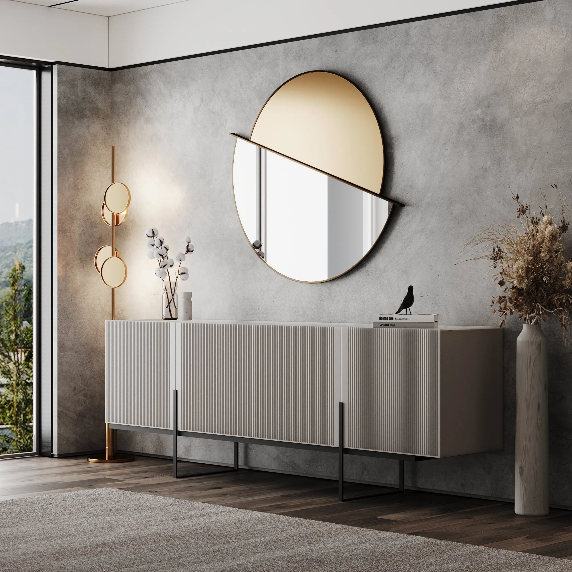 Decoração moderna de sala com espelho decorativo redondo e painel de armazenamento branco, vaso com flores artificiais e cabeceira de piso de cachepot, mesa de canto com livros e decoração de pássaro.