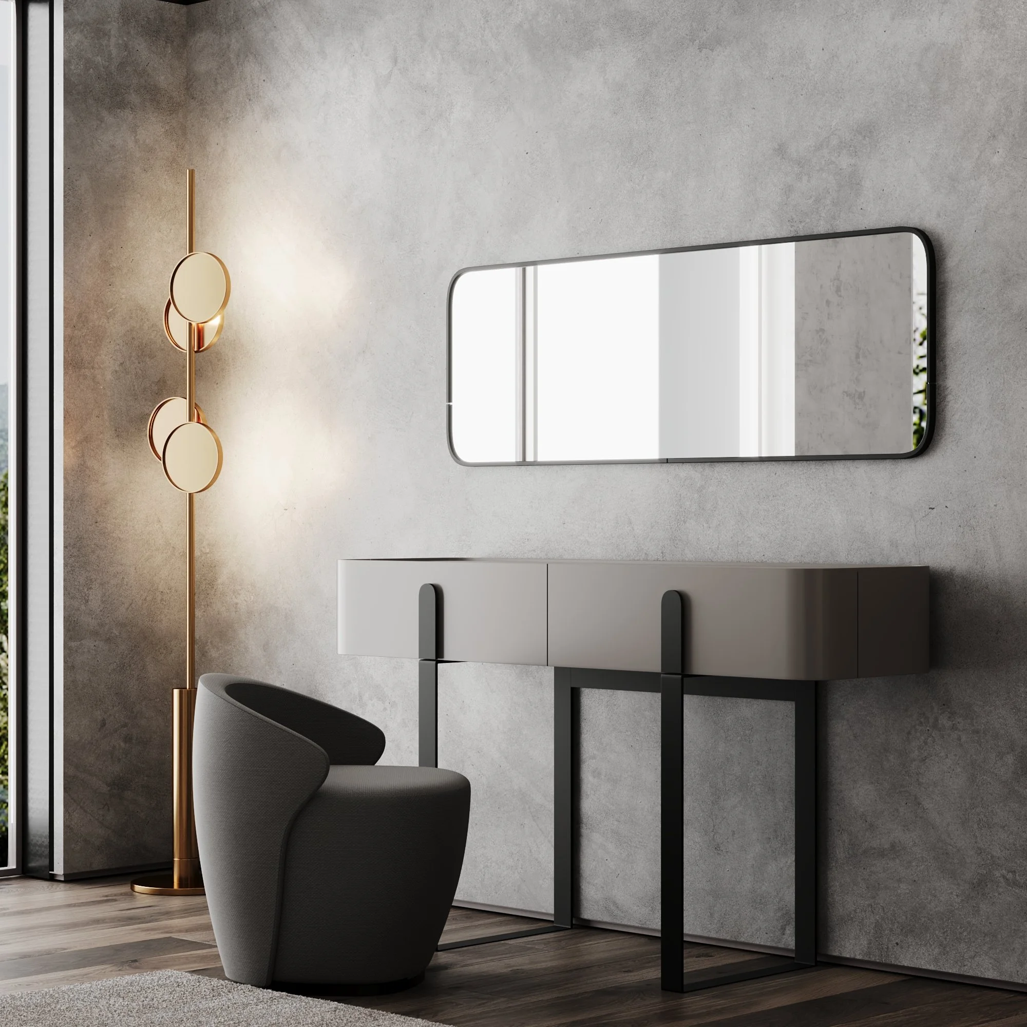 Sala de estar moderna com vaso de flores e cadeira de design, parede de concreto com espelho retangular