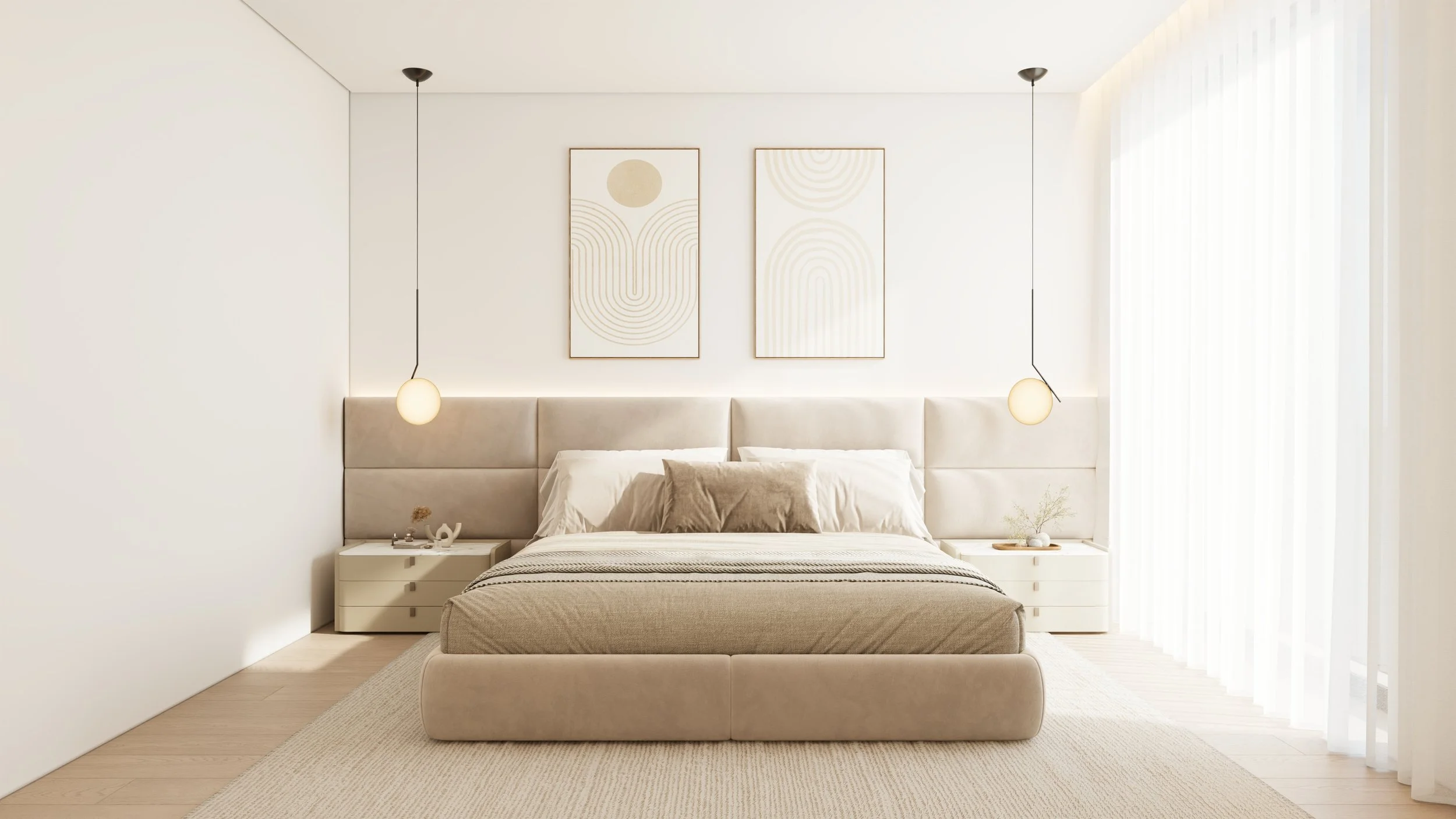 Quarto minimalista com cama de cabeceira estofada, duas mesas de cabeceira brancas, arte abstrata nas paredes, iluminação suave, cortinas de tecido branco e piso de madeira clara.