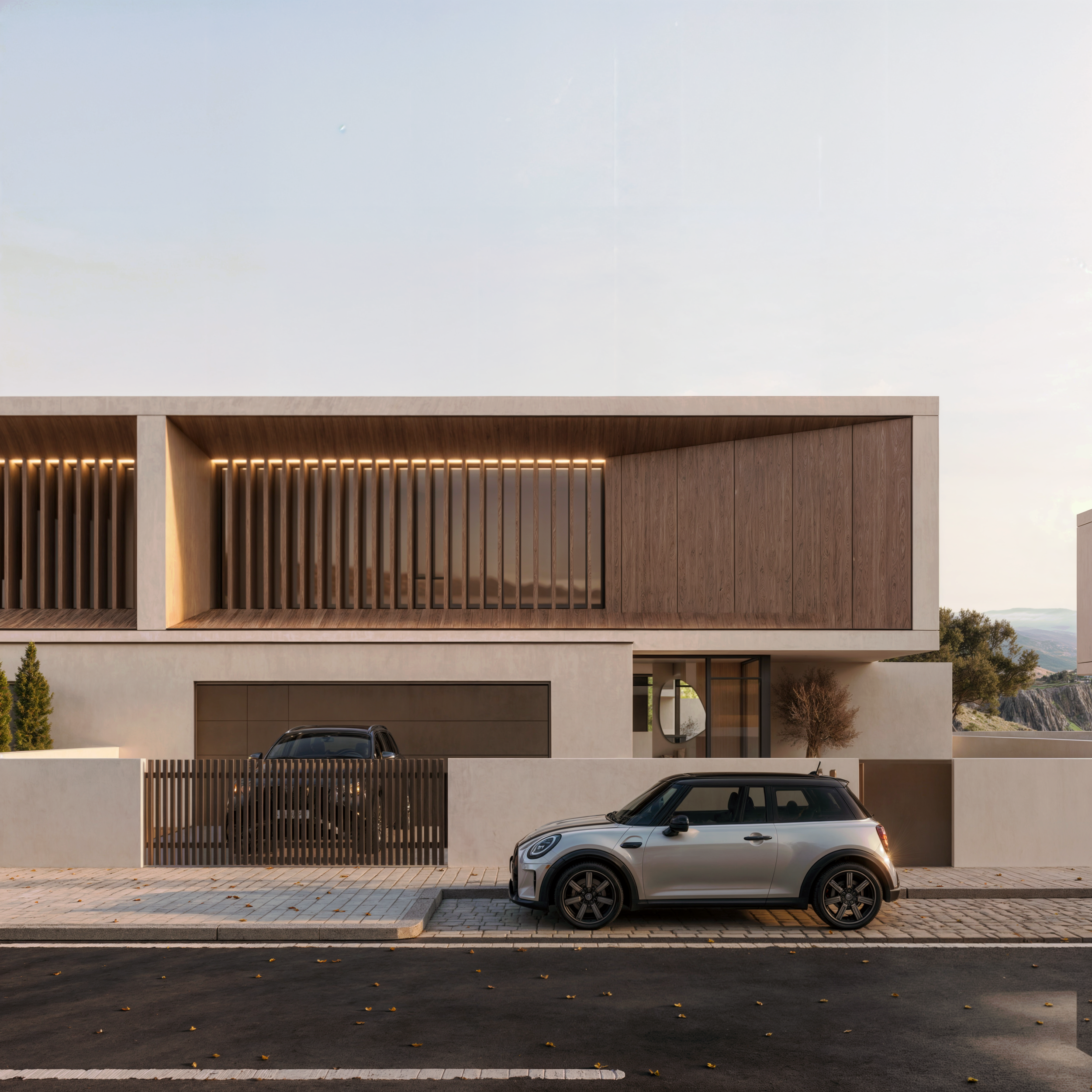 Fachada moderna de duas andares com muros brancos, detalhes de madeira e dois carros estacionados na rua.