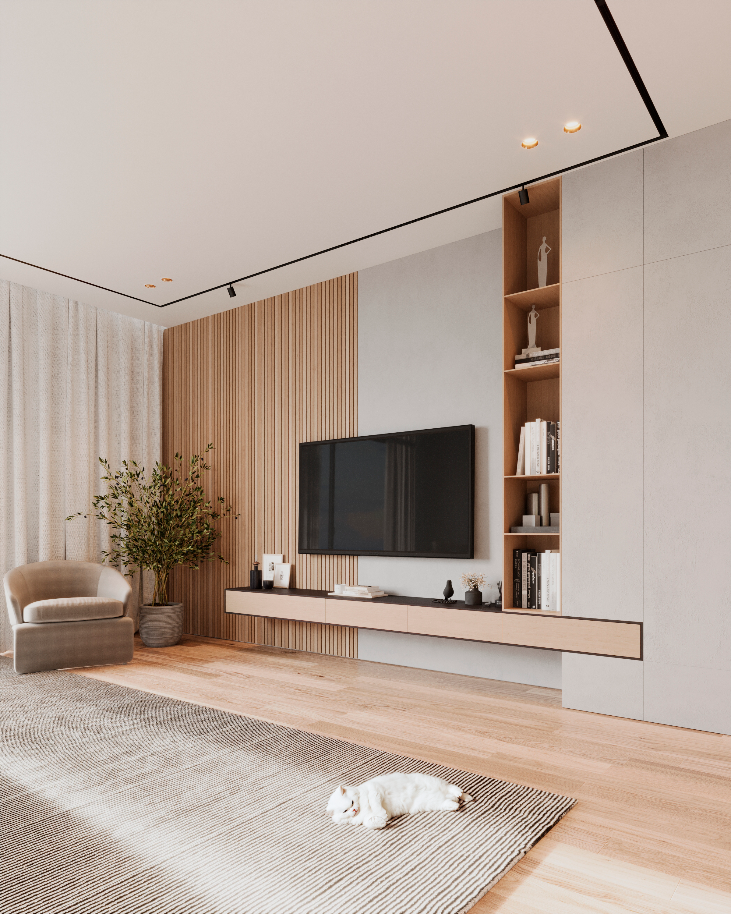 Sala de estar moderna com sofá bege, planta em vaso, televisão na parede, estante de livros, tapete listrado e gato branco deitado no tapete.