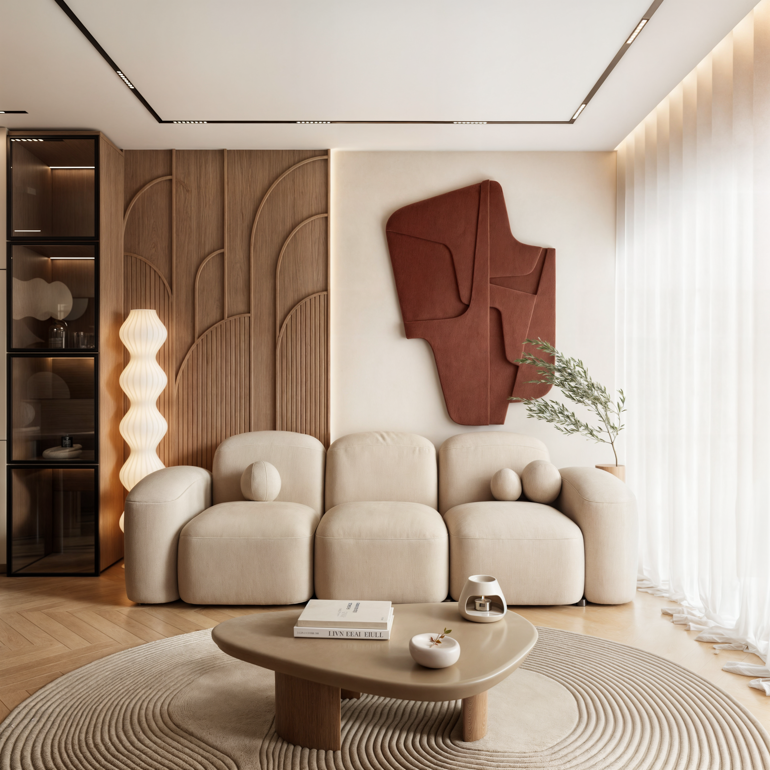 Sala de estar com sofá bege, decoração moderna com quadro abstrato em relevo vermelho na parede, cortinas de tecido leve, luminária de piso ondulada, tapete circular rústico, mesa de centro com livros e objetos decorativos, parede de madeira e vidro.