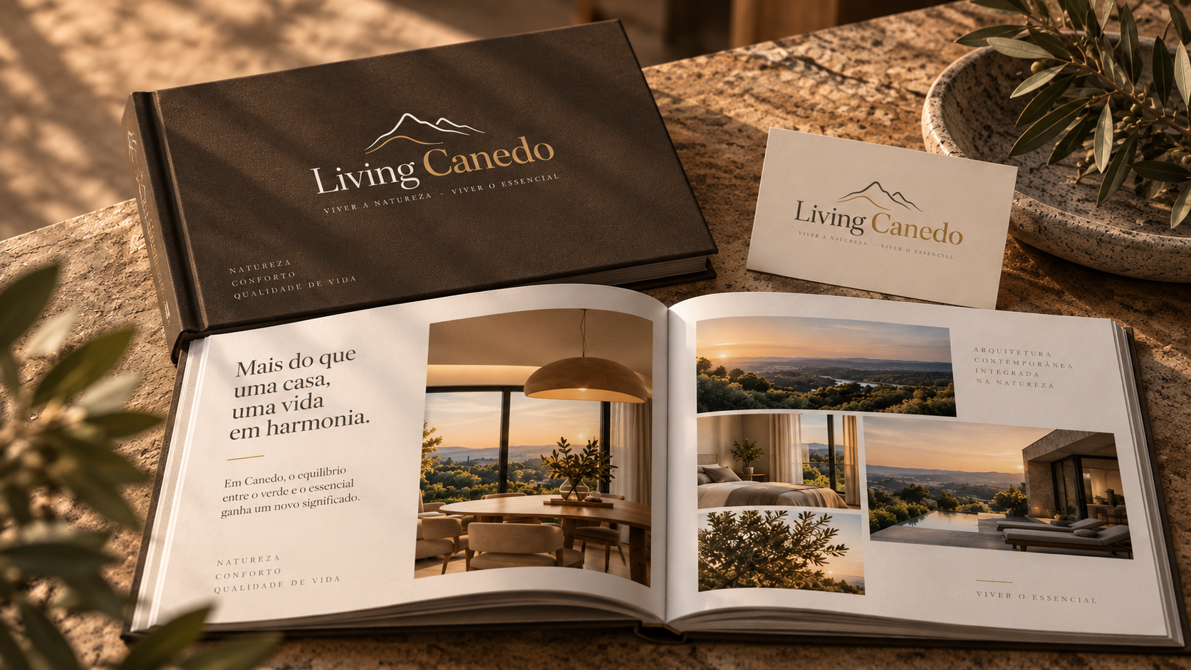 Catálogo aberto mostrando imagens de interiores com vista para a natureza, incluindo uma sala de jantar e uma varanda, com página contendo textos sobre harmonia com a natureza, conforto, e a essência de viver.