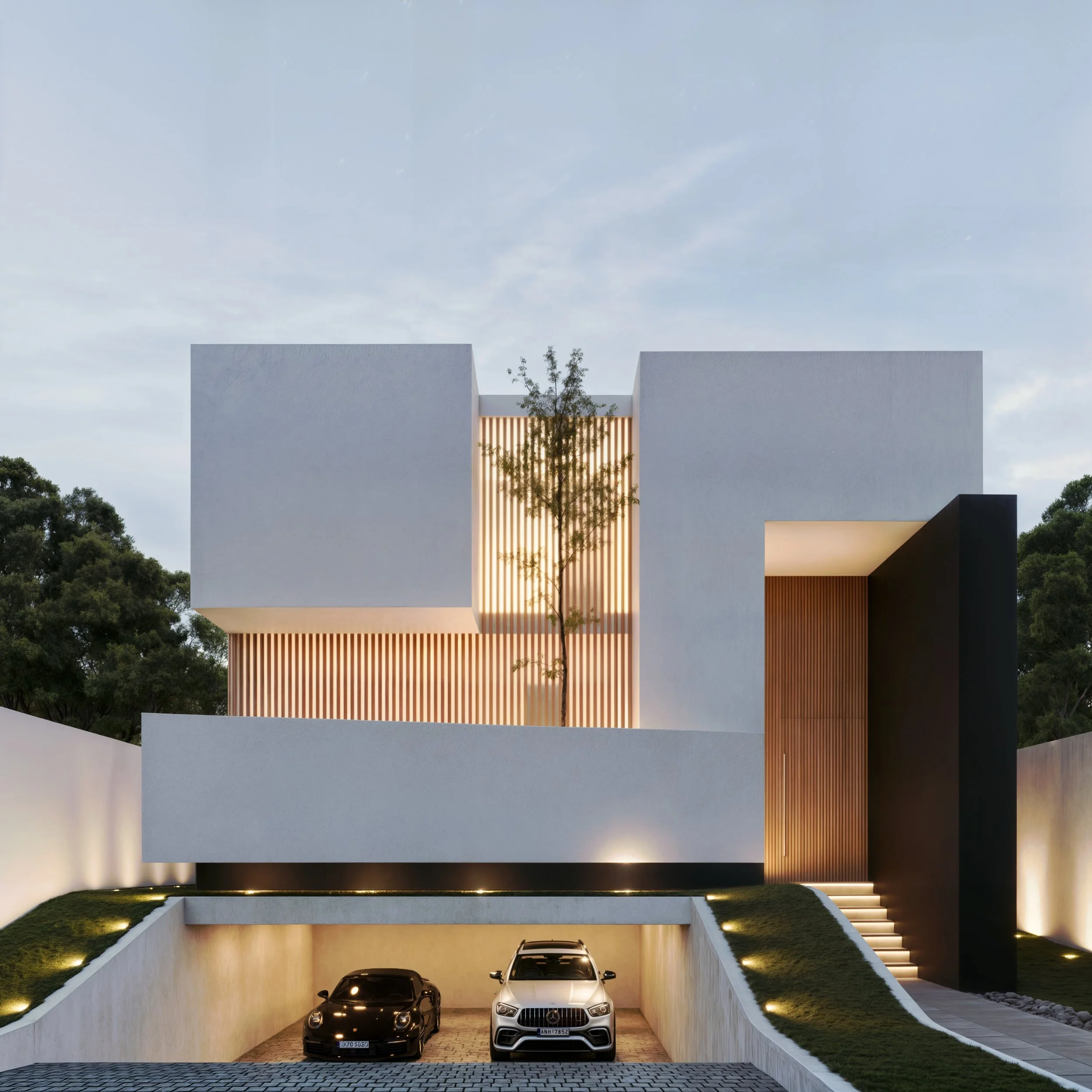 Fachada moderna de uma casa com design minimalista, parede branca, detalhes em madeira vertical e acesso ao estacionamento subterrâneo com dois carros, cercada por iluminação suave.