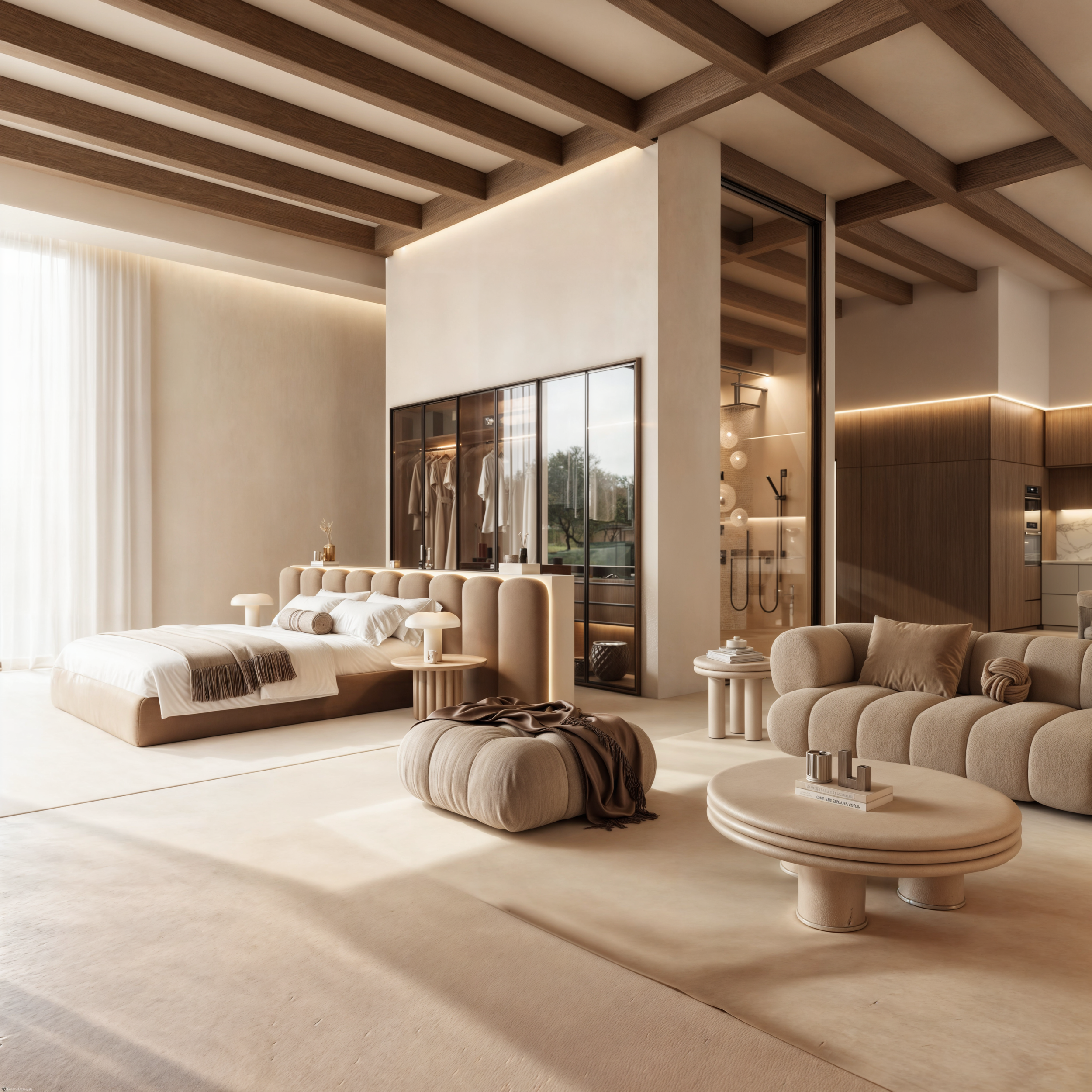 Sala de estar e quarto integrados com design moderno e decor minimalista em tons neutros, incluindo cama, sofá, mesas laterais e objetos decorativos