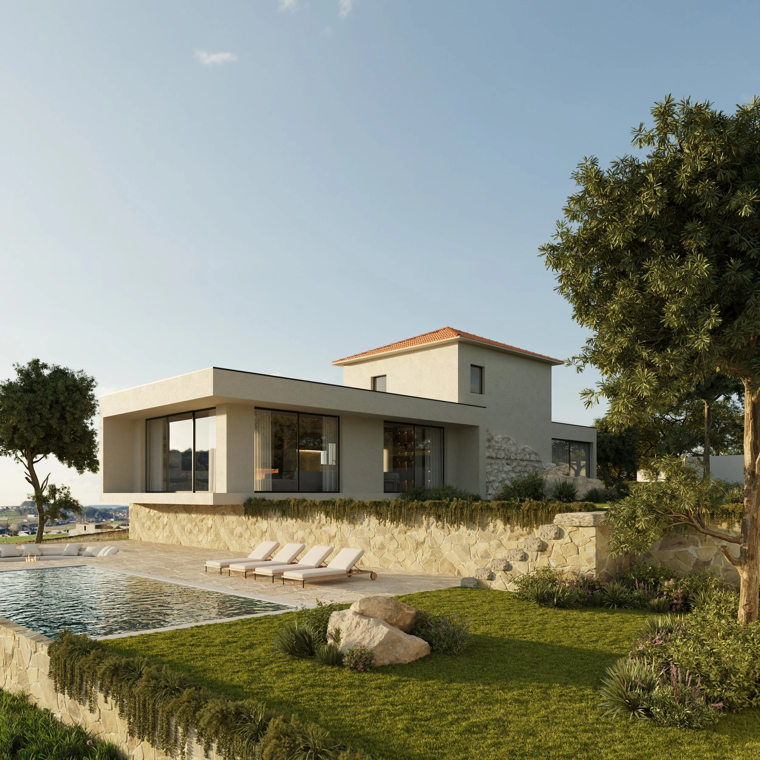 Residência moderna com piscina, jardim bem cuidado e árvores ao redor.