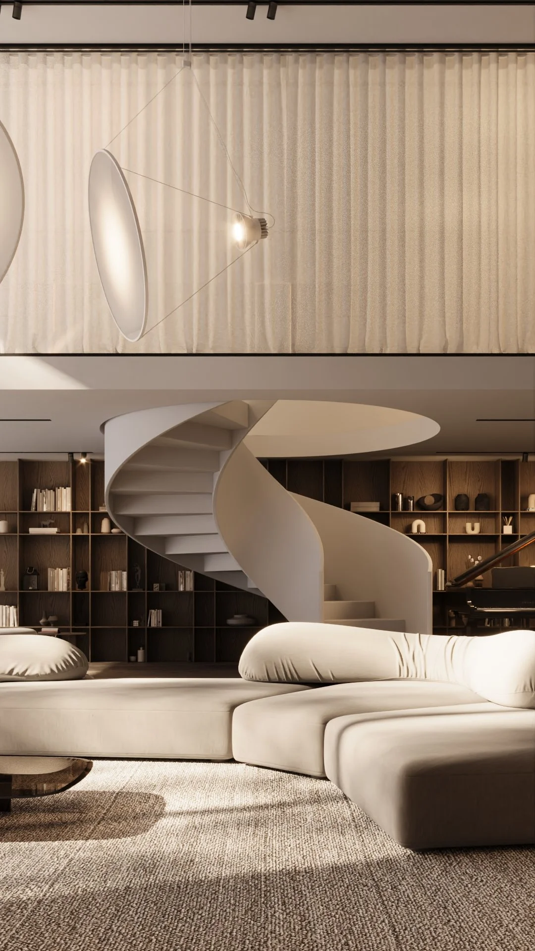 Sala de estar moderna com sofá bege, escada de espiral branca, estante de livros de madeira escura, piano preto, e iluminação suave