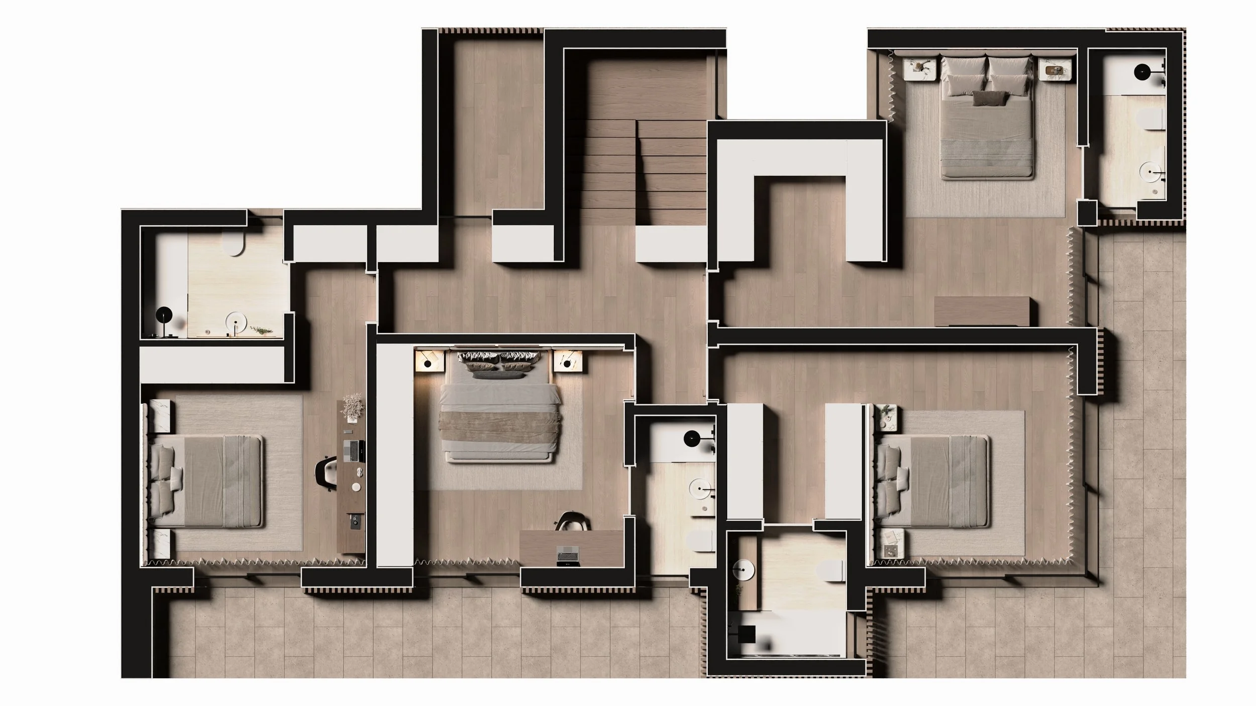 Planta de um apartamento com quatro quartos, duas suítes, uma sala de estar, uma sala de jantar, varanda e banheiros.