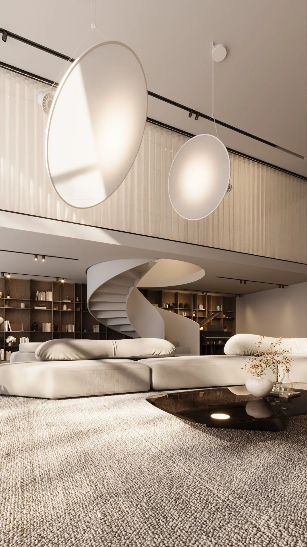 Salão de elegância moderna com mobiliário branco, escada espiral, estante de livros de madeira escura ao fundo e duas luminárias redondas suspensas no teto