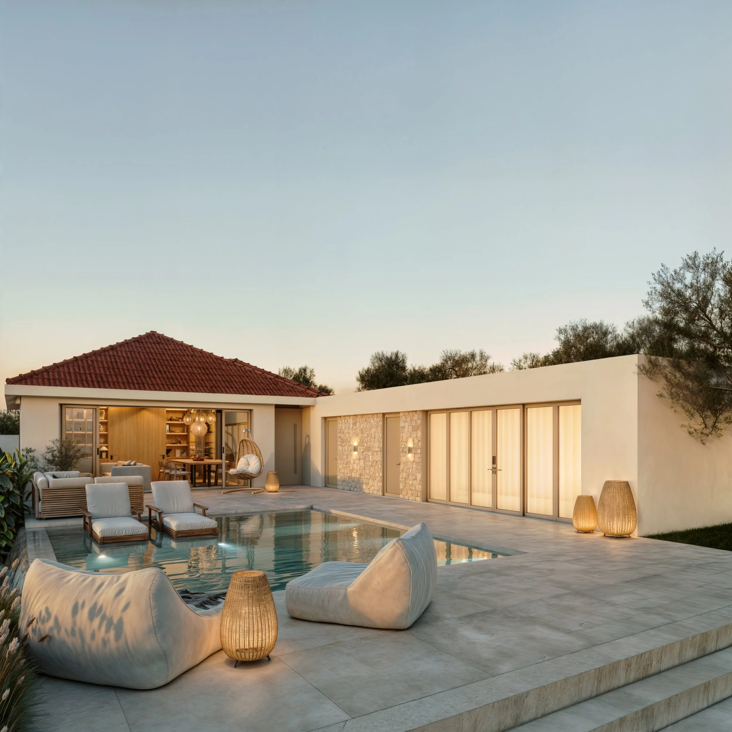 Casa moderna com piscina ao entardecer, móveis de exterior e iluminação suave