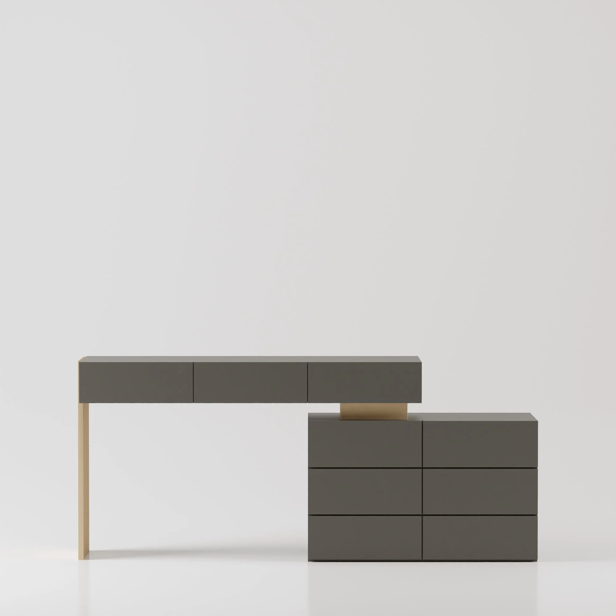 Móveis de design moderno com oito gavetas cinzas e uma bancada cinza, apoiados por uma estrutura de madeira natural, colocados contra uma parede branca.