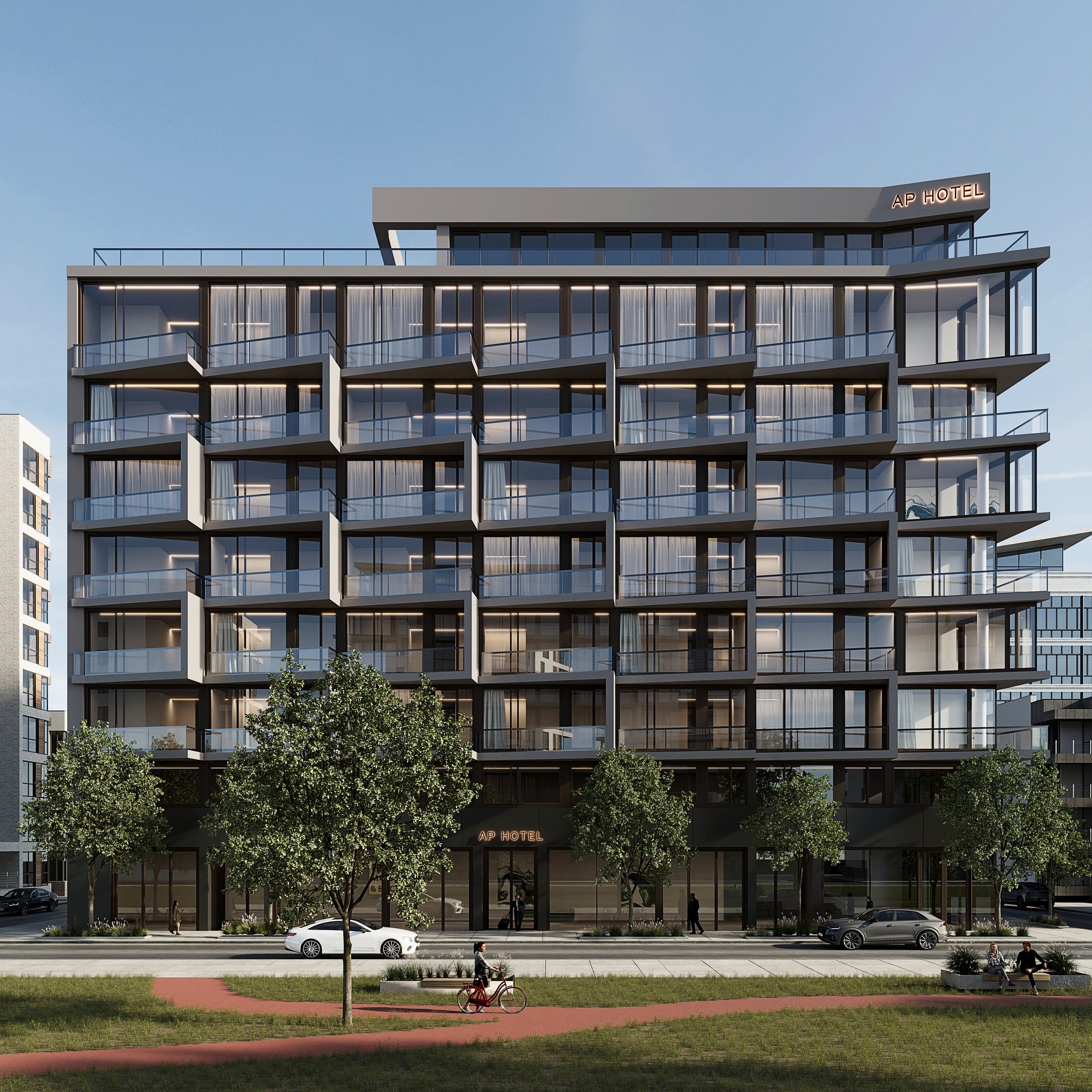 Edifício moderno com várias janelas de vidro e varandas, árvores na calçada e pessoas andando, localizado na cidade.