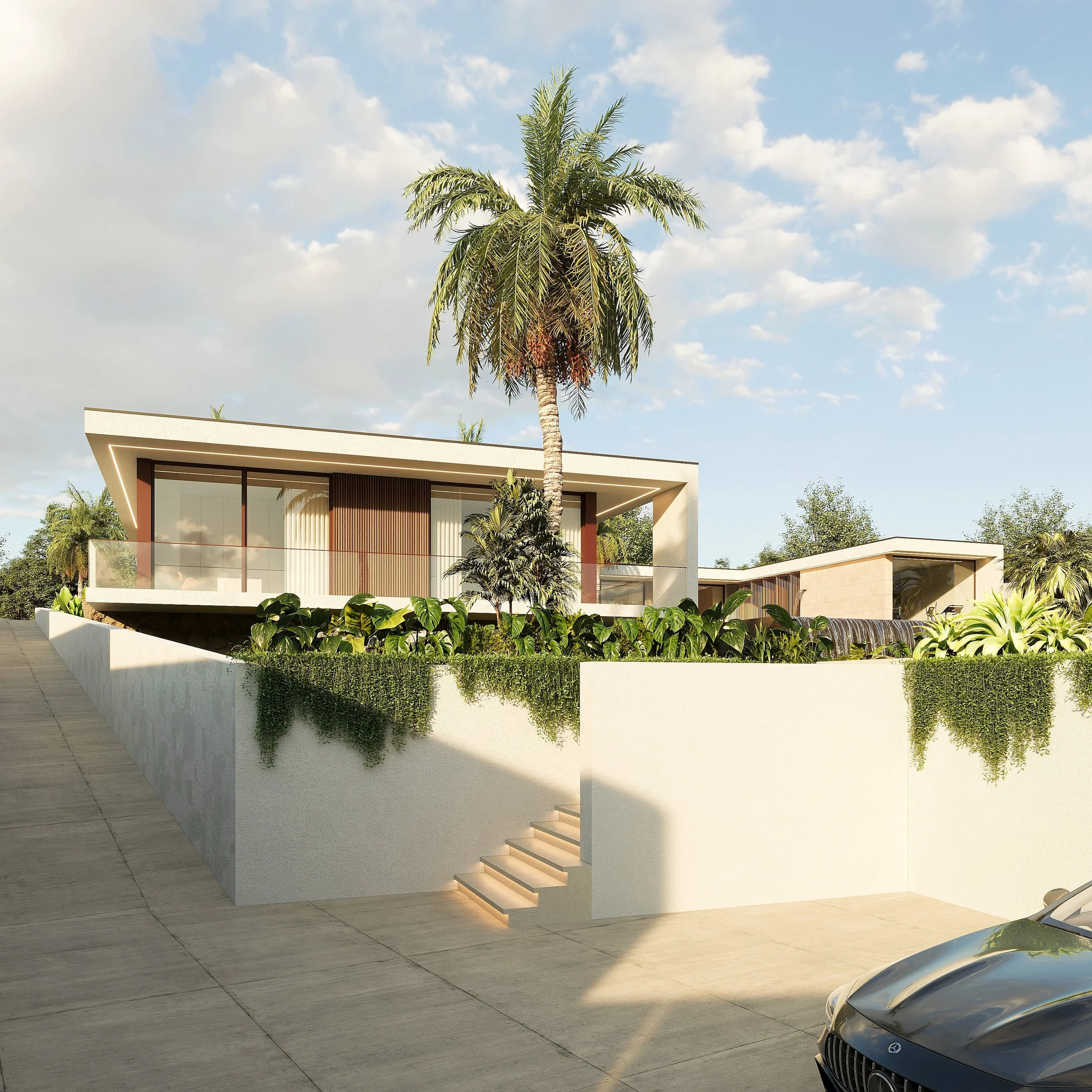 Imagem de uma casa moderna com jardim, uma árvore de coqueiro e carro na frente, sob céu com nuvens.