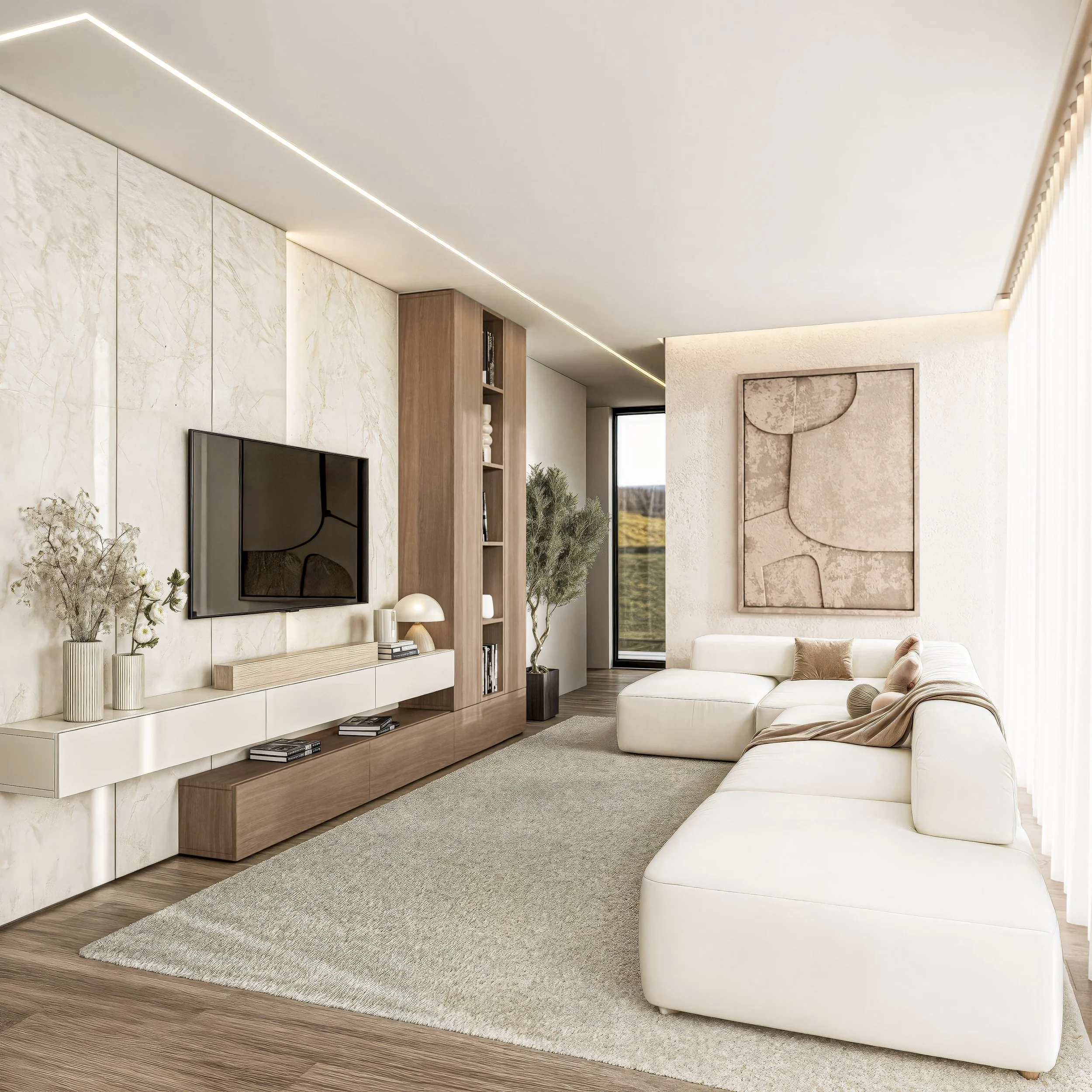 Sala de estar com sofá branco em formato de L, parede de destaque com obra de arte, televisão na parede, iluminação de LED no teto, estante de madeira com livros, plantas decorativas e cortinas de vidro.