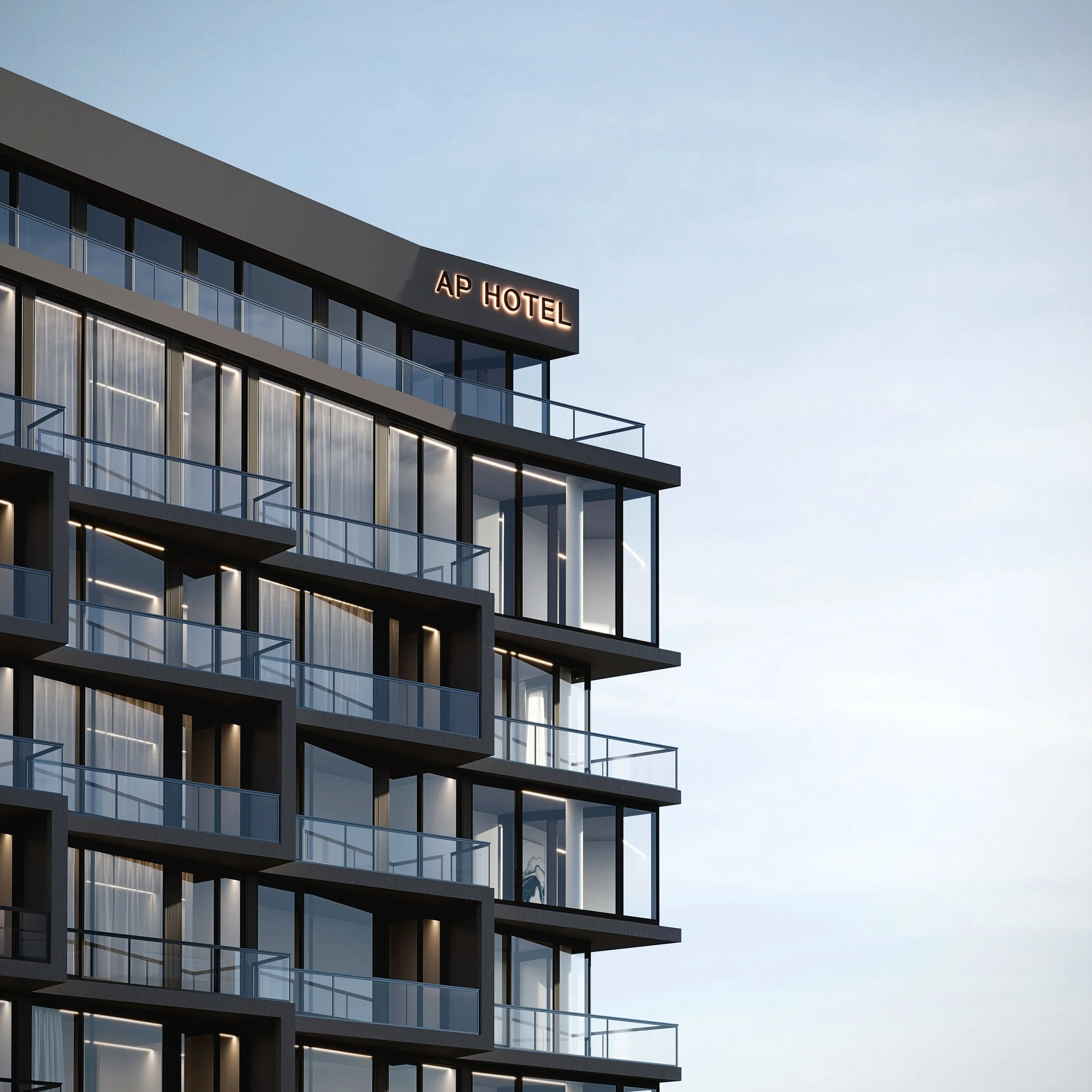 Foto de um edifício moderno com várias janelas de vidro e varandas, ao entardecer, com letreiro iluminado 'AP HOTEL' no topo.