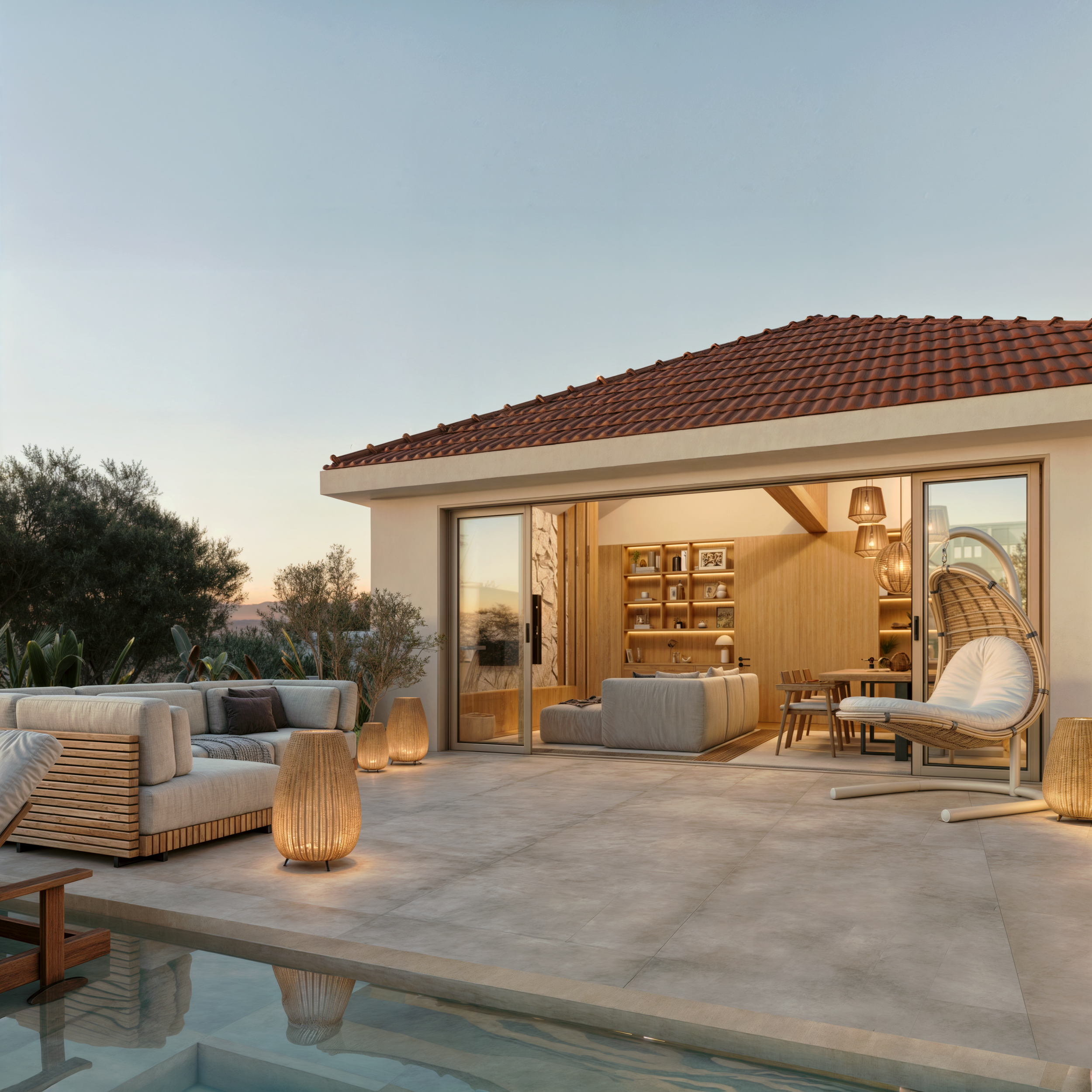 Terraço com móveis de exterior, incluindo sofá, poltronas, luminárias de fibra natural, vista de uma casa moderna com interior aconchegante e paredes de madeira, ao pôr do sol.