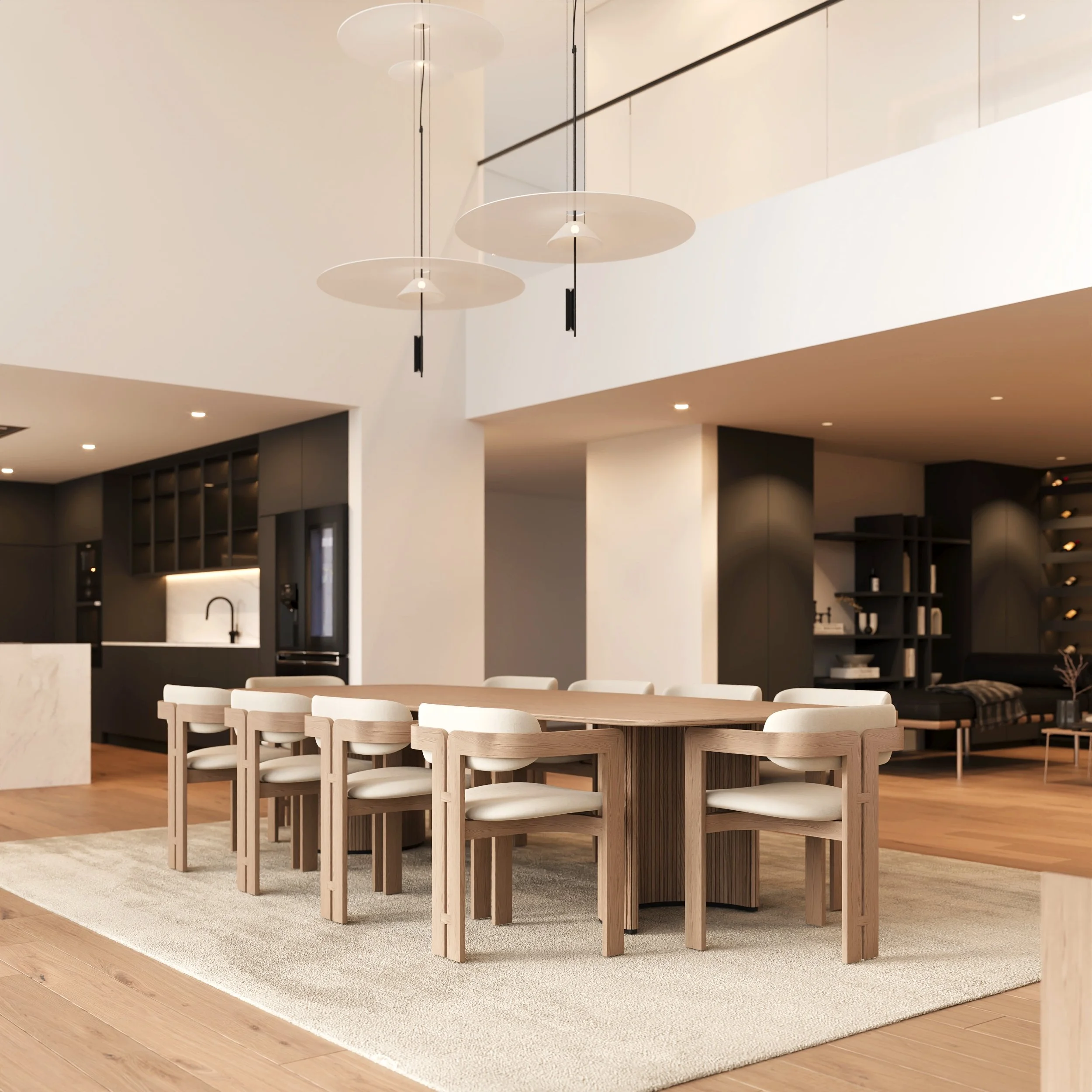 Sala de jantar moderna com mesa de madeira e cadeiras brancas, iluminação difusa e espaço aberto com decoração minimalista.