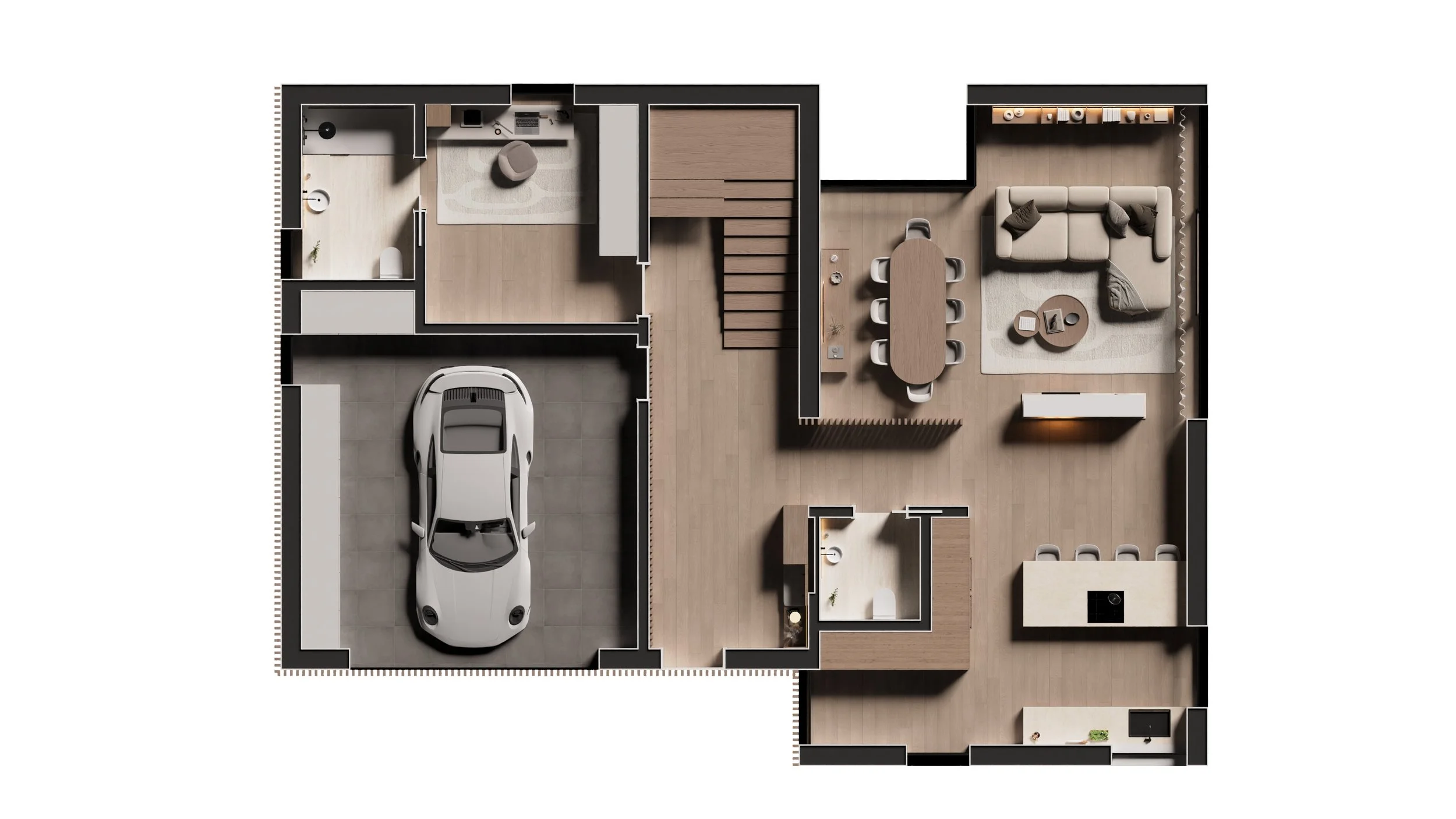 Planta baixa de uma casa com garagem para um carro, sala de estar, sala de jantar, cozinha, lavabo, escritório, e um banheiro, tudo decorado em estilo moderno.