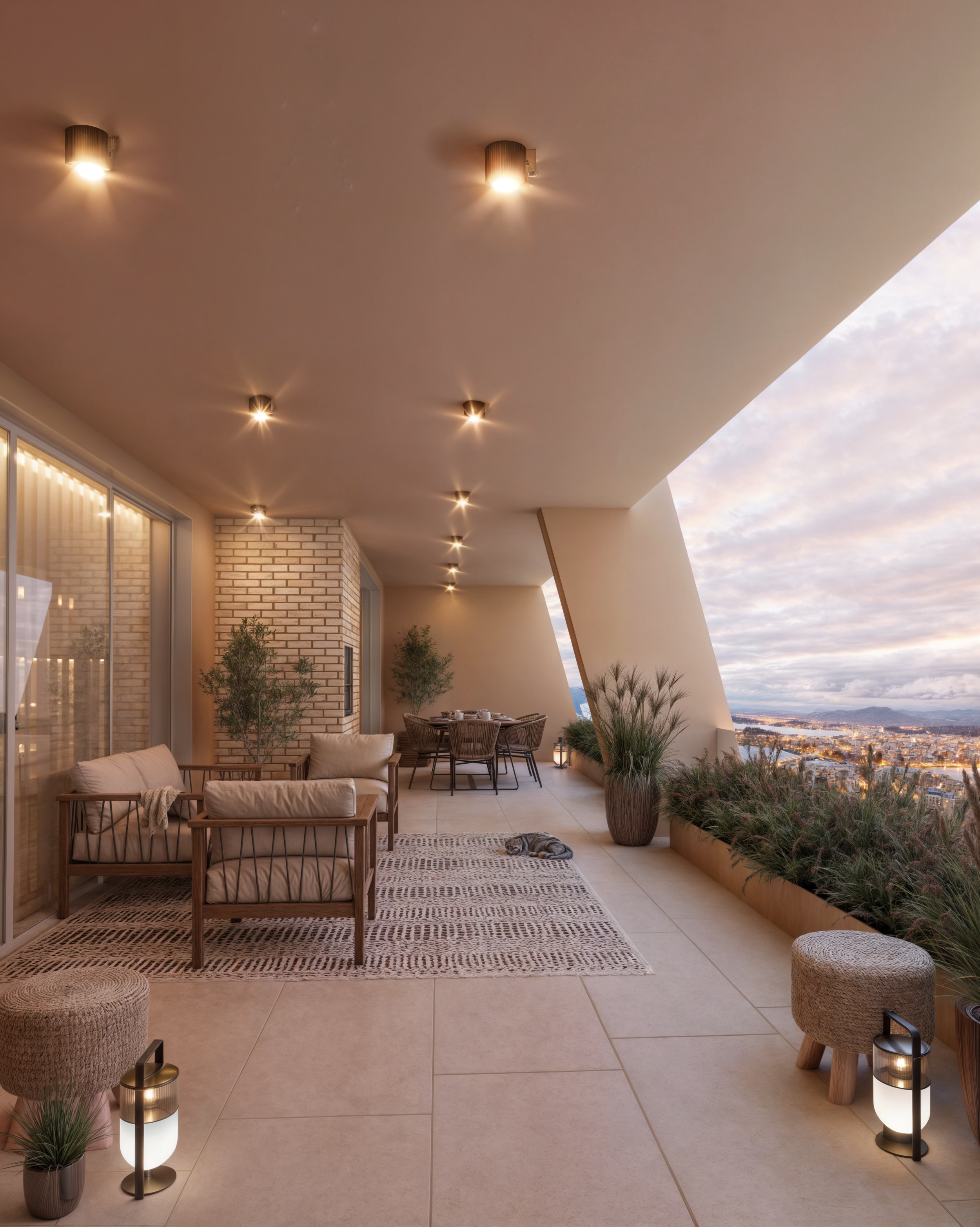 varanda com móveis de madeira, plantas e iluminação ao entardecer