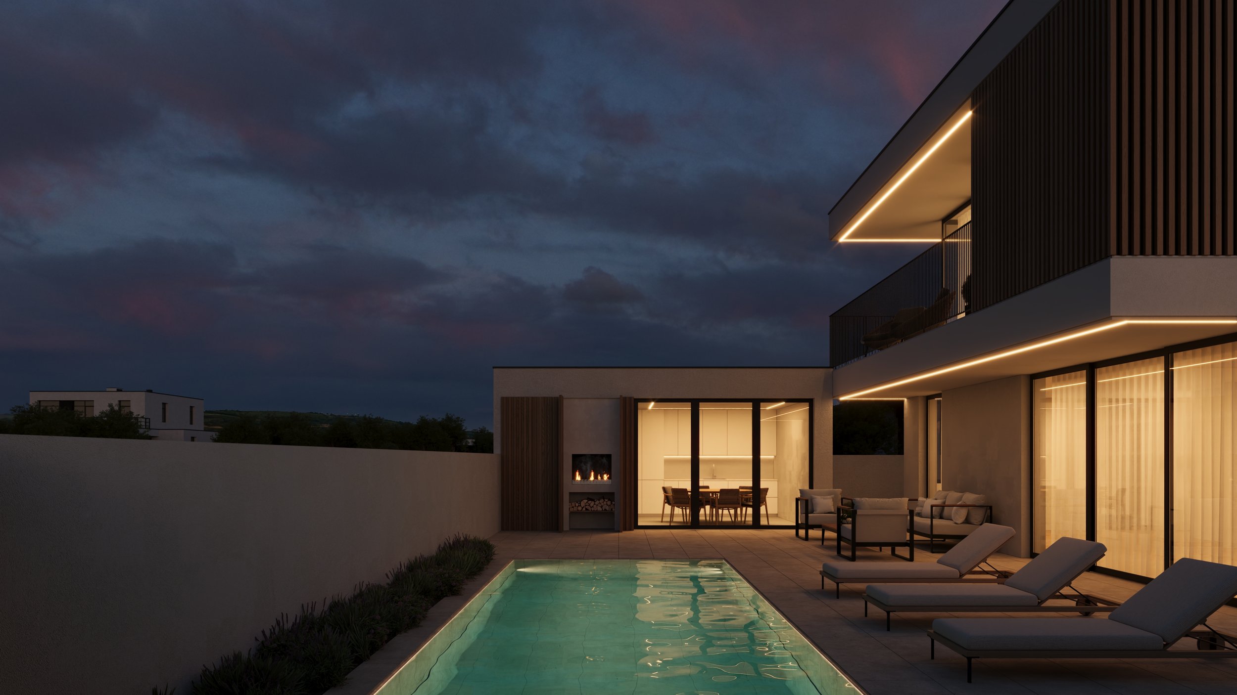 Piscina iluminada ao entardecer com espreguçadeiras e área de convivência moderna em uma casa de arquitetura contemporânea