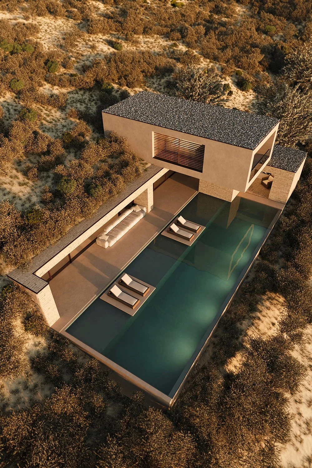 Design moderno de casa com piscina infinita em meio à natureza, com espreguiçadeiras e área de lounge ao redor.