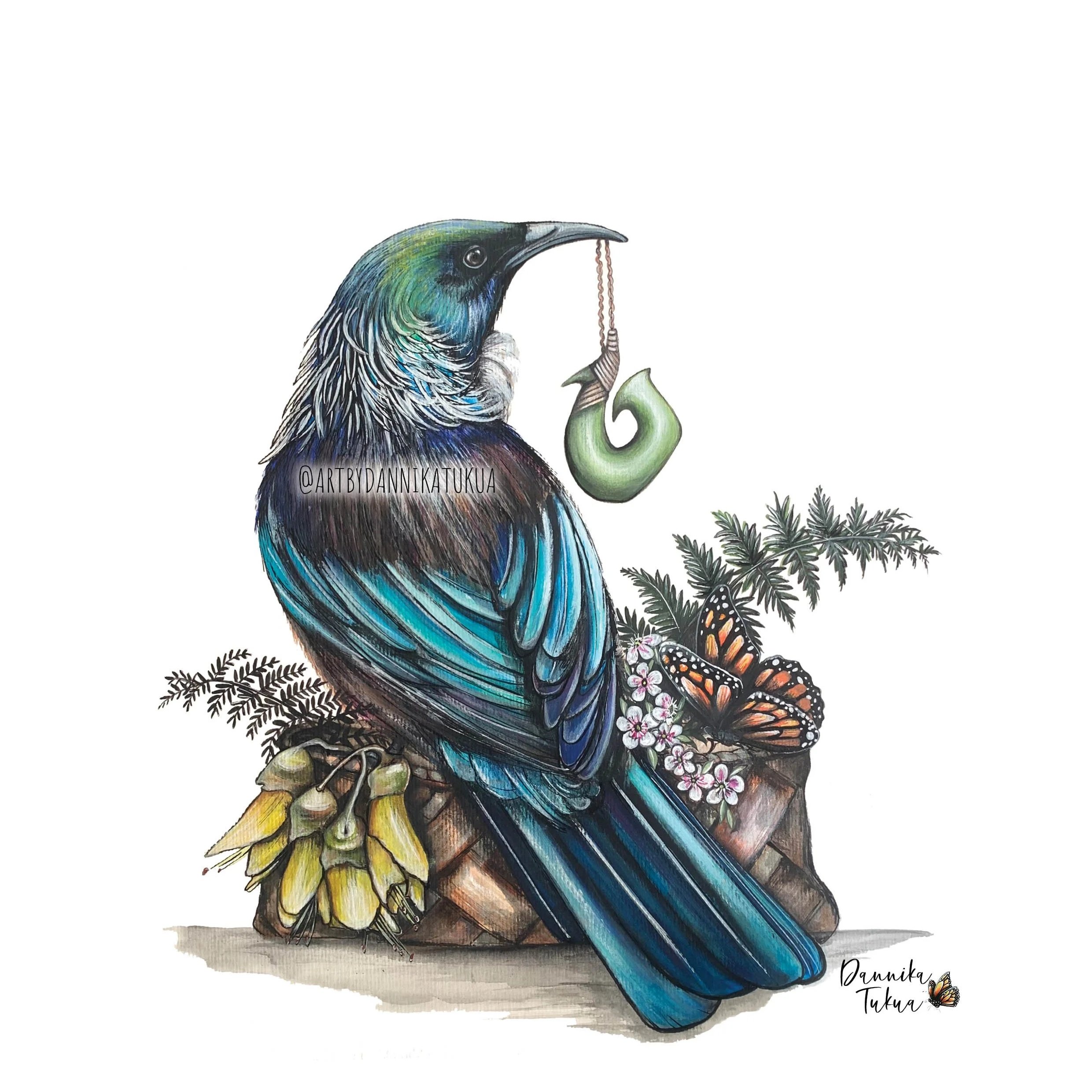 Colorful illustration of a Tui bird with feathers in shades of blue, green, and black, perched on kowhai flowers, surrounded by ferns, flowers, a butterfly, and a hanging green fish hook pounamu